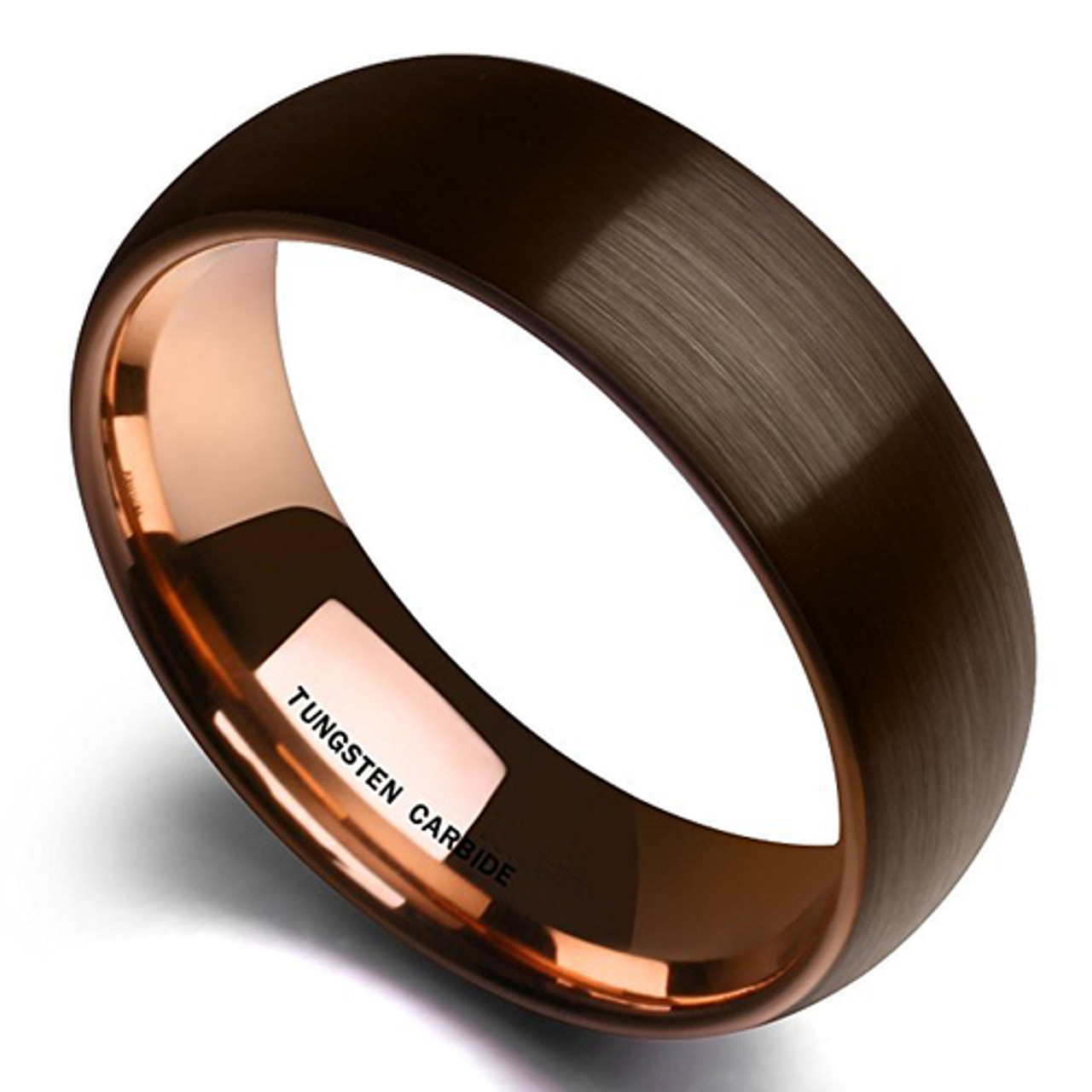 (8mm) Unisex or Men's Tungsten Carbide Wedding Ring Band. Brown Band with Matte Finish Top with Inside Rose Gold. Comfort Fit, Domed Top Ring.