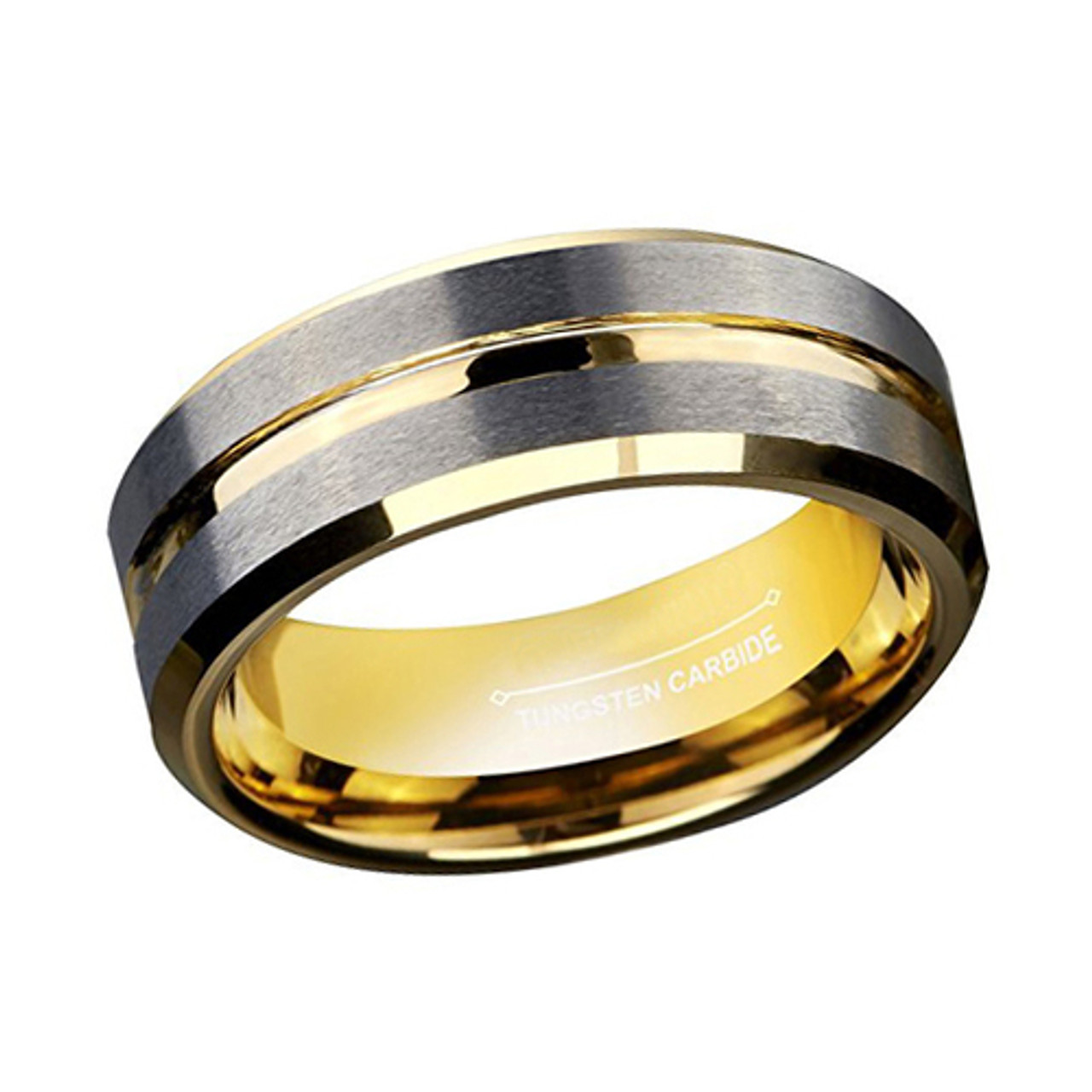 (8mm) Unisex or Men's Tungsten Carbide Wedding Ring Band. Matte Finish Gray / Silver Top with Yellow Gold Groove and Inside. Beveled Edge Ring.