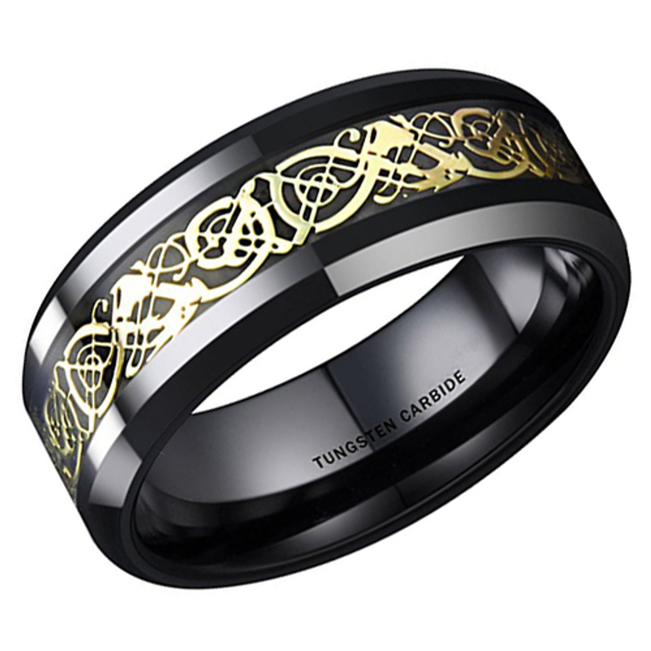 (8mm) Unisex or Men's Tungsten Carbide Wedding Ring Band. Black Celtic Knot Band with Yellow Gold Resin Inlay Design.