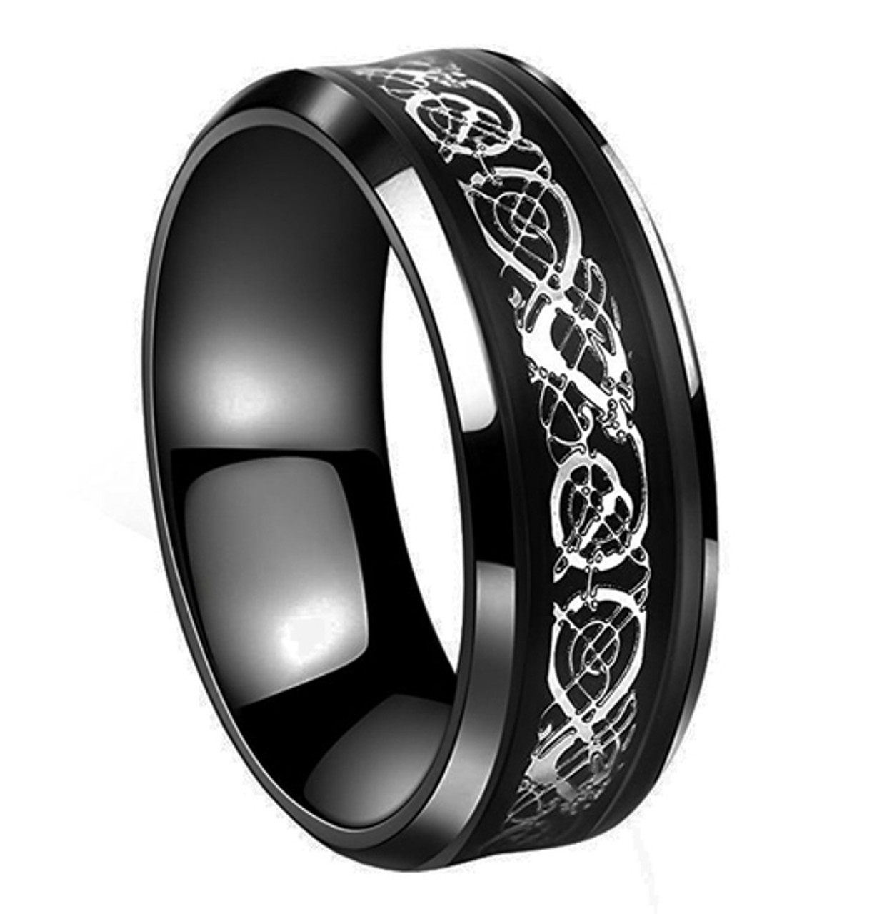 (8mm) Unisex or Men's Black and Silver Celtic Knot Tungsten Carbide Wedding Ring Band with Resin Inlay.