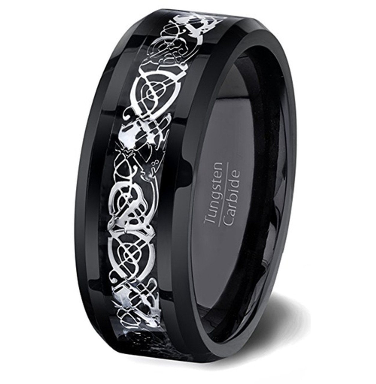 (8mm) Unisex or Men's Black and Silver Celtic Knot Tungsten Carbide Wedding Ring Band with Resin Inlay.