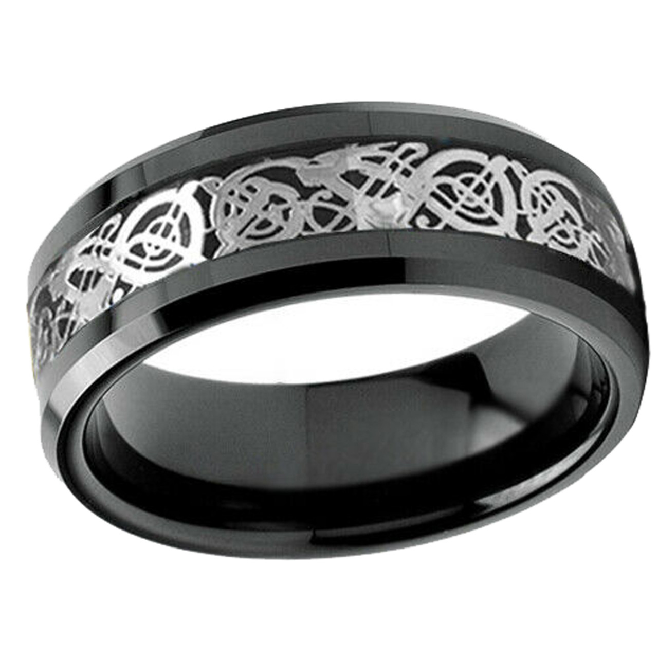 (8mm) Unisex or Men's Black and Silver Celtic Knot Tungsten Carbide Wedding Ring Band with Resin Inlay.