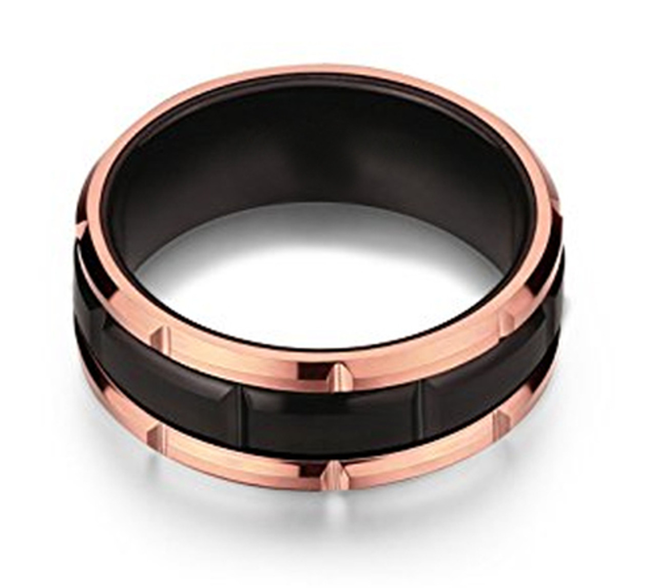 (8mm) Unisex or Men's Tungsten Carbide Wedding Ring Band. Duo Tone Black and Rose Gold Brick Pattern Comfort Grooved Fit Ring.