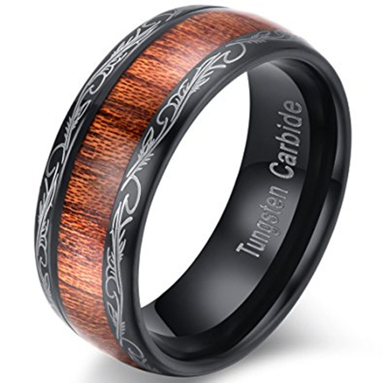 (8mm) Unisex or Men's Black Koa Wood Tribal Design Tungsten Carbide Wedding Ring Band. Dark Wood Inlay and Domed Top