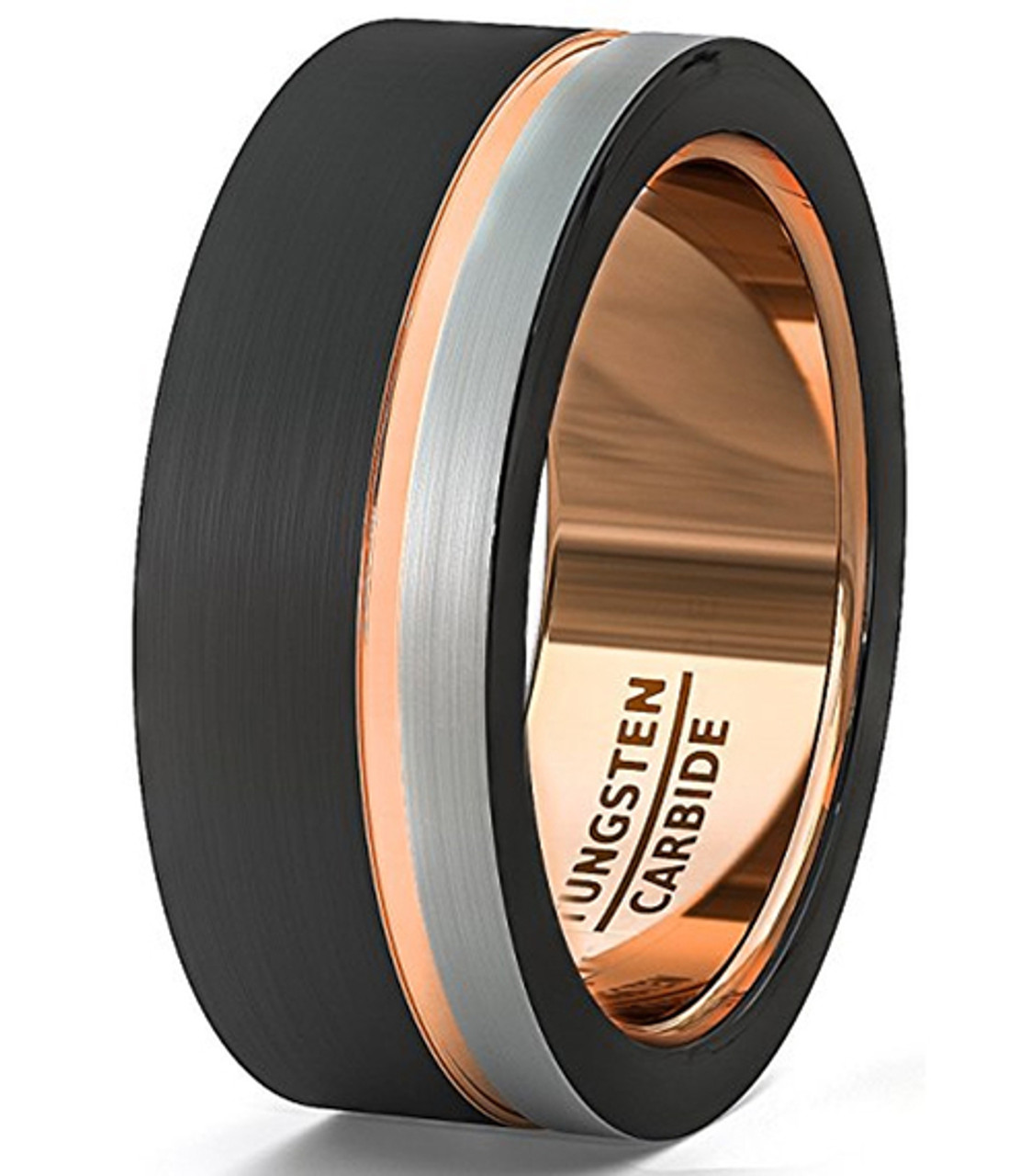 (8mm) Unisex or Men's Tungsten Carbide Wedding Ring Band. Three Tone Black, Rose Gold and Silver / Gray Tone Stripe Design. Comfort Fit.