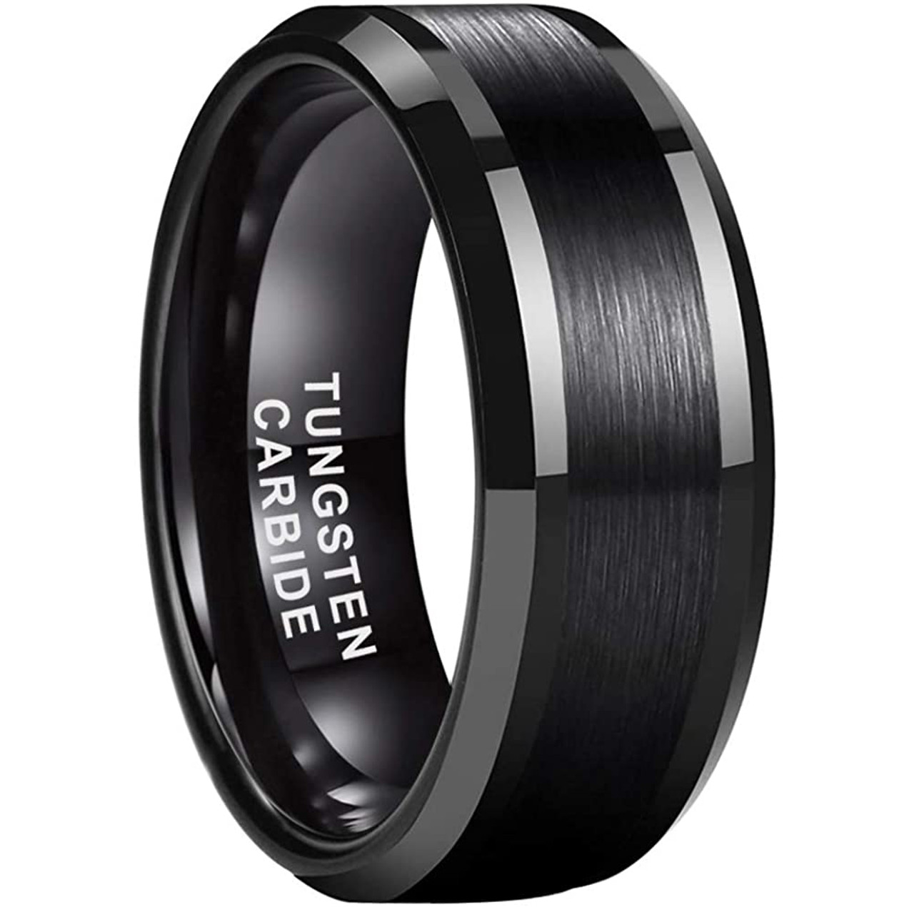 (8mm) Unisex or Men's Tungsten Carbide Wedding Ring Band. Black Tone, High Polish and Matte Finish Striped Center. Comfort Fit Band.