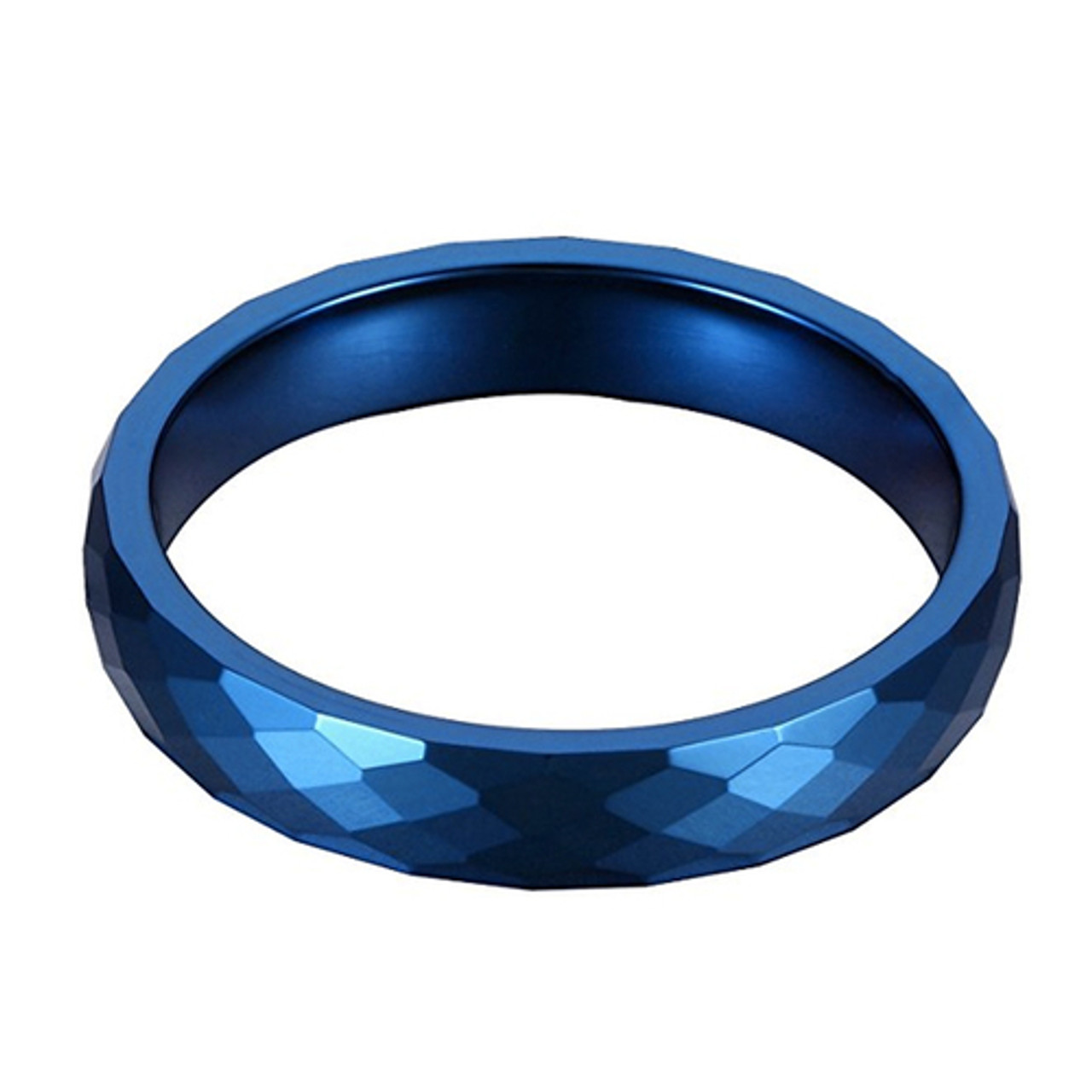 (4mm) Unisex, Men's or Women's Blue Diamond Faceted High Polished Domed Tungsten Carbide Wedding Ring Band