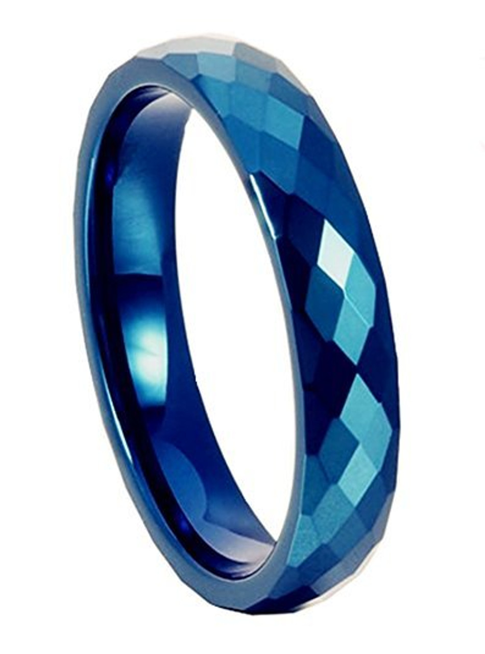 (4mm) Unisex, Men's or Women's Blue Diamond Faceted High Polished Domed Tungsten Carbide Wedding Ring Band