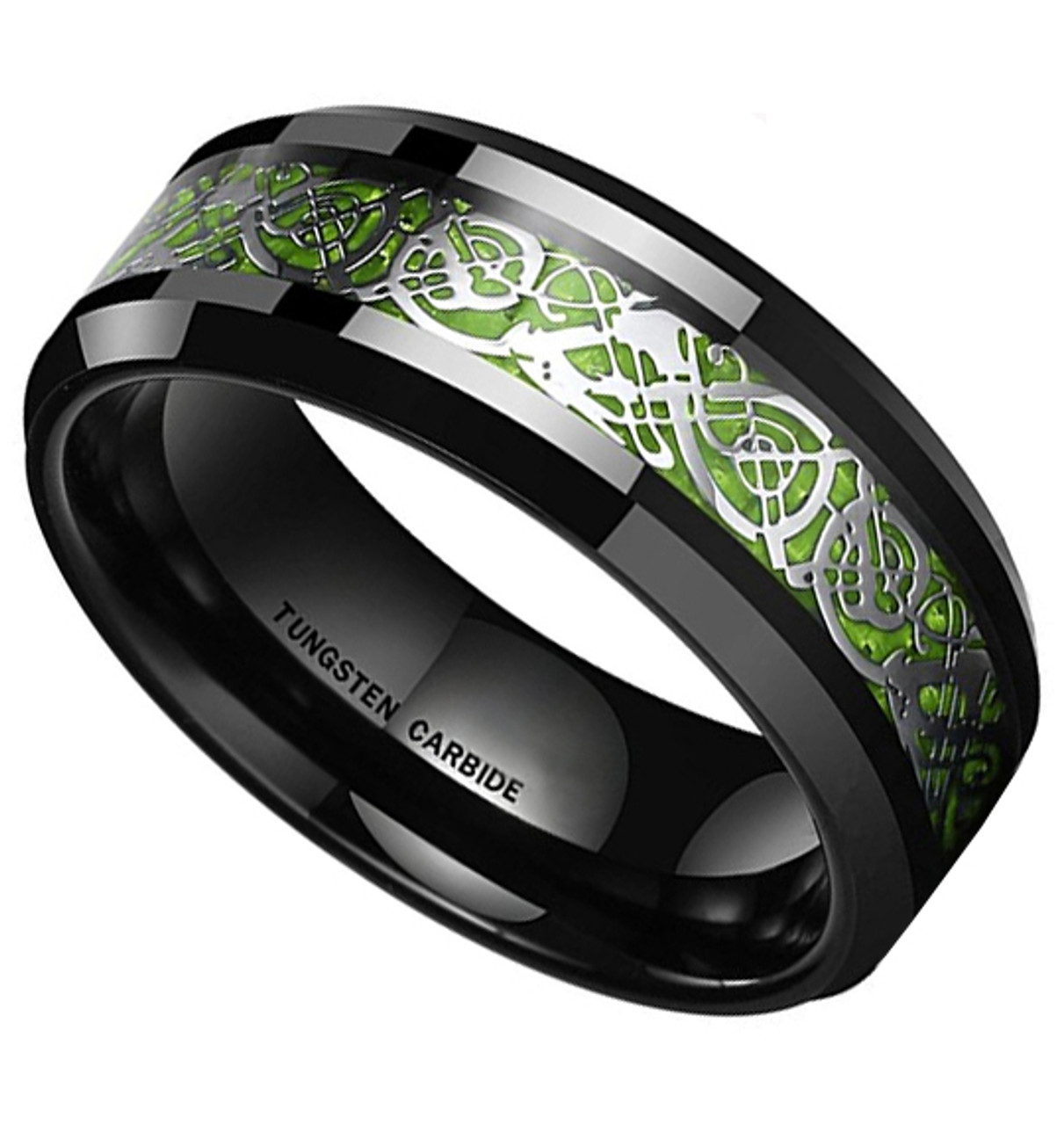 (8mm) Unisex or Men's Tungsten Carbide Wedding Ring Band. Celtic Knot Black Resin Inlay Silver and Bright Green Ring