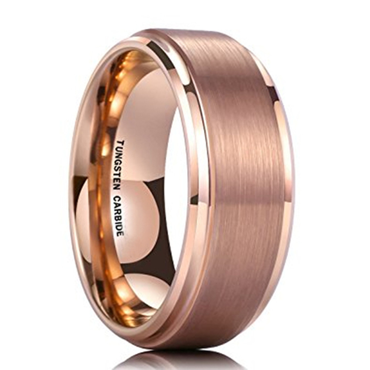 (8mm) Unisex or Men's Rose Gold Tungsten Carbide Wedding Ring Bands. High Polish Sides and Matte Finish. Comfort Fit.