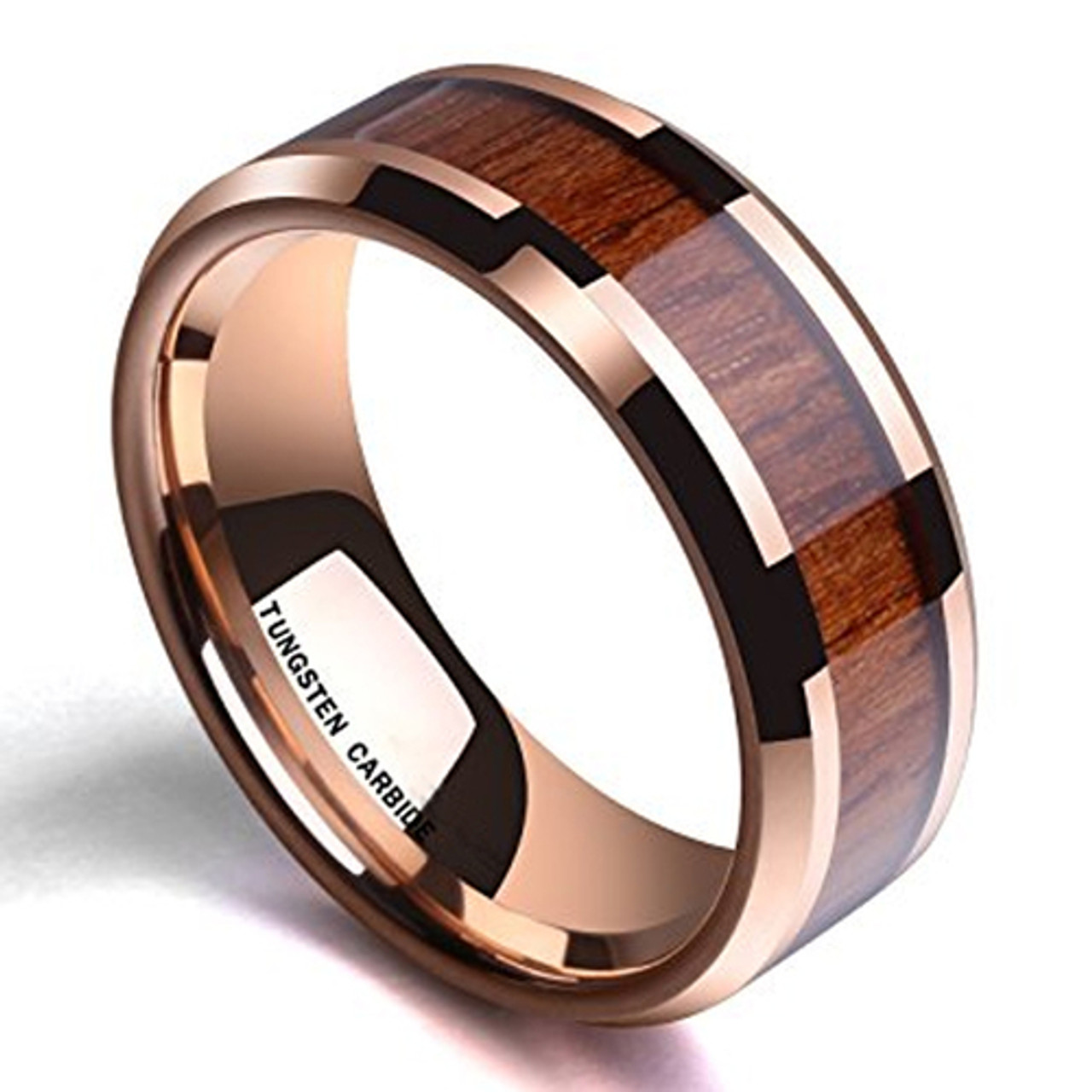 (8mm) Unisex or Men's Wood Inlay and Rose Gold Tone Tungsten Carbide Wedding Ring Band with High Polish and Beveled Edges.