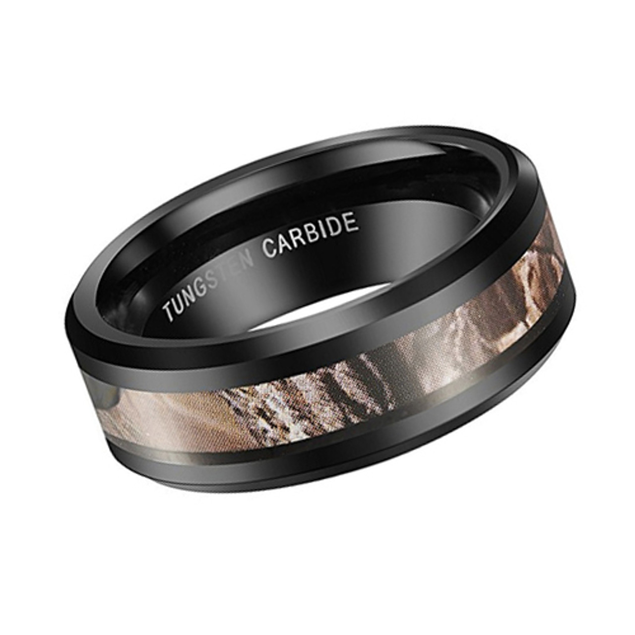 (8mm) Unisex or Men's Black Tone with Light Tan Camouflage Tungsten Carbide Wedding Ring Band with Carbon Fiber Inlay