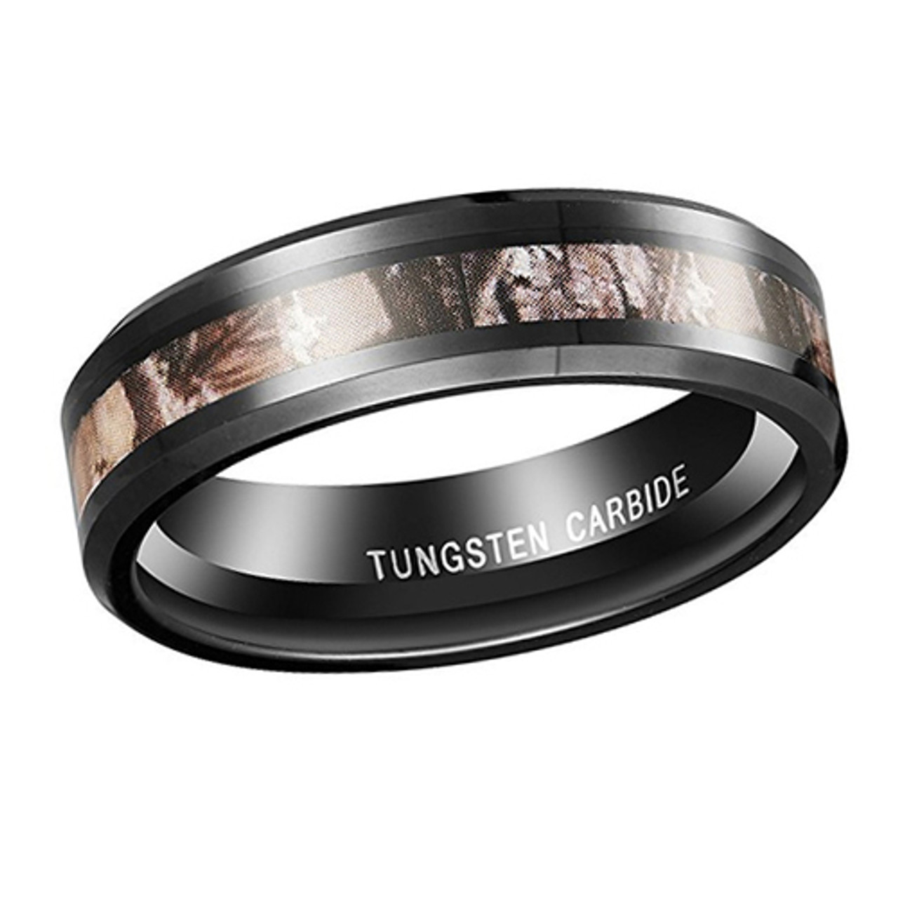 (6mm) Unisex, Women's Black Band with Camouflage Light Tan Inlay Tungsten carbide Wedding Ring Band.