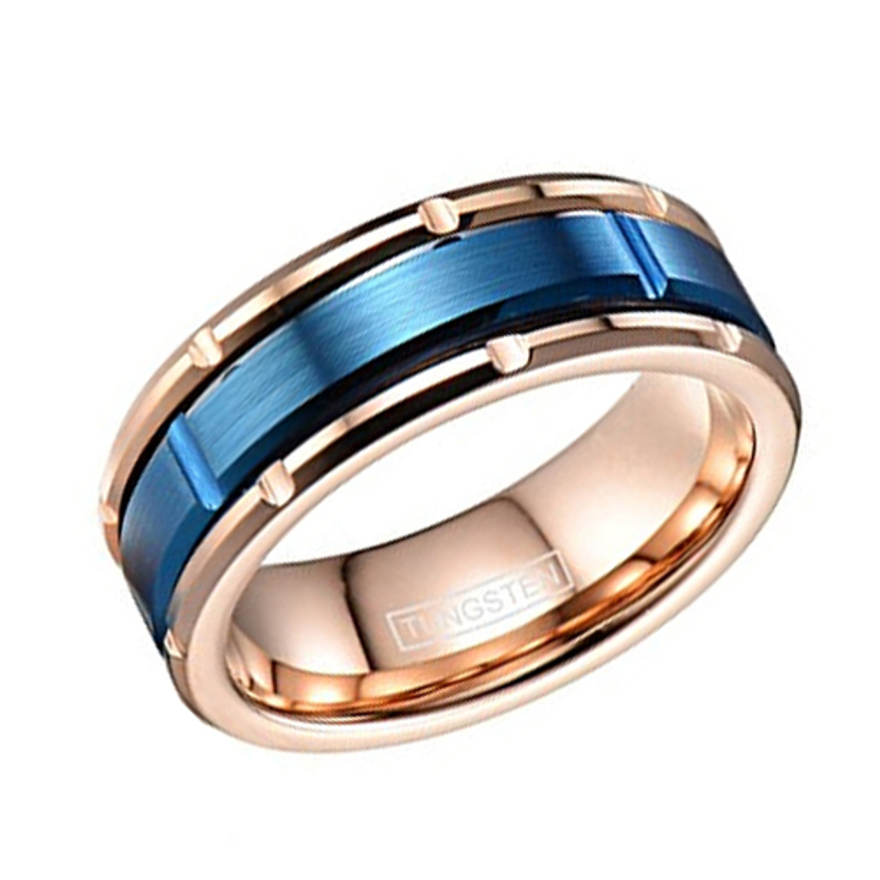 (8mm) Unisex or Men's Tungsten Carbide Wedding Ring Bands - Rose Gold Band with Middle Blue Brick Pattern. High Polish Sides with Matte Finish Center. Grooved and Comfort Fit.