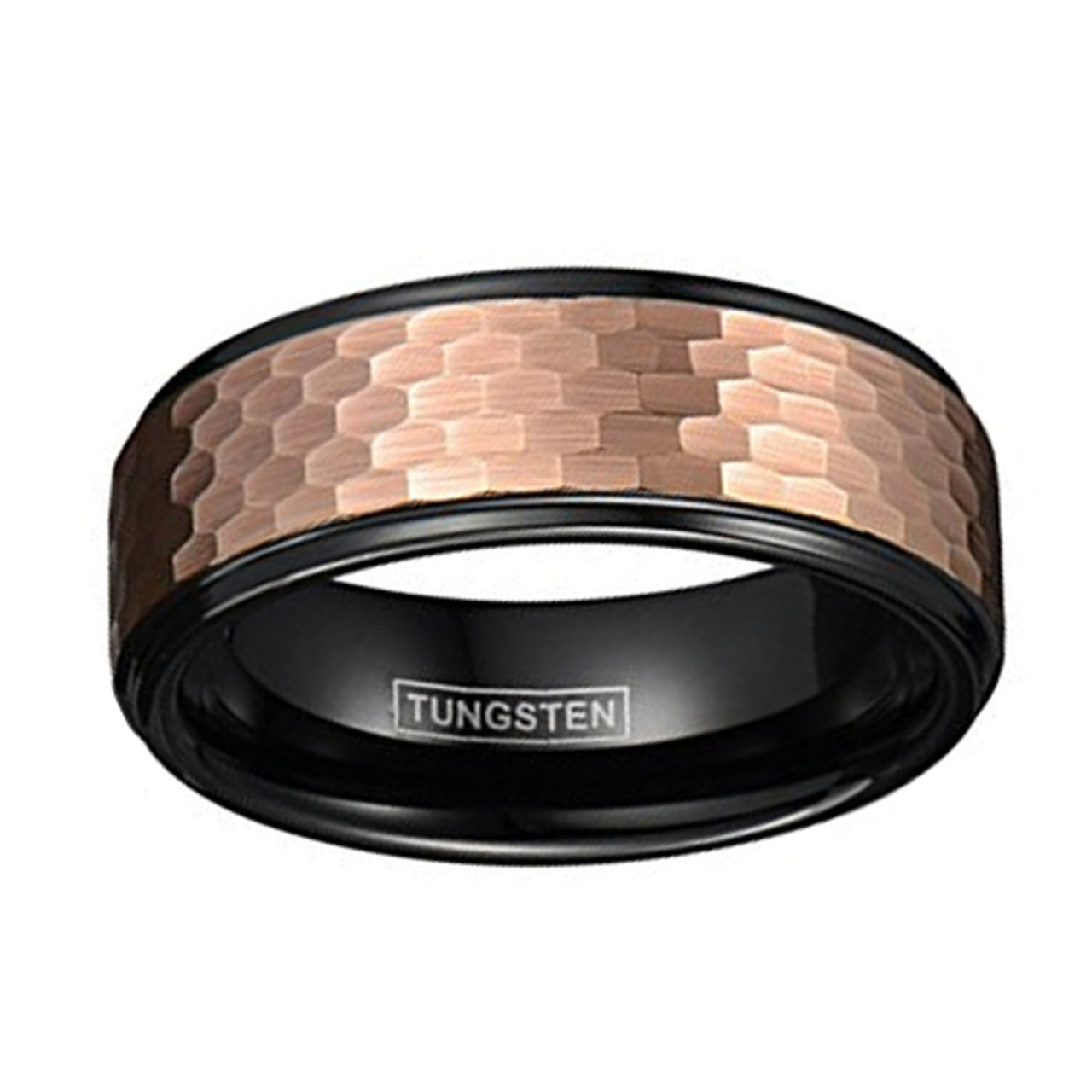 (8mm) Unisex or Men's Tungsten Carbide Wedding Ring Bands. Duo Tone Black Band with Gold Hammered Finish Top.