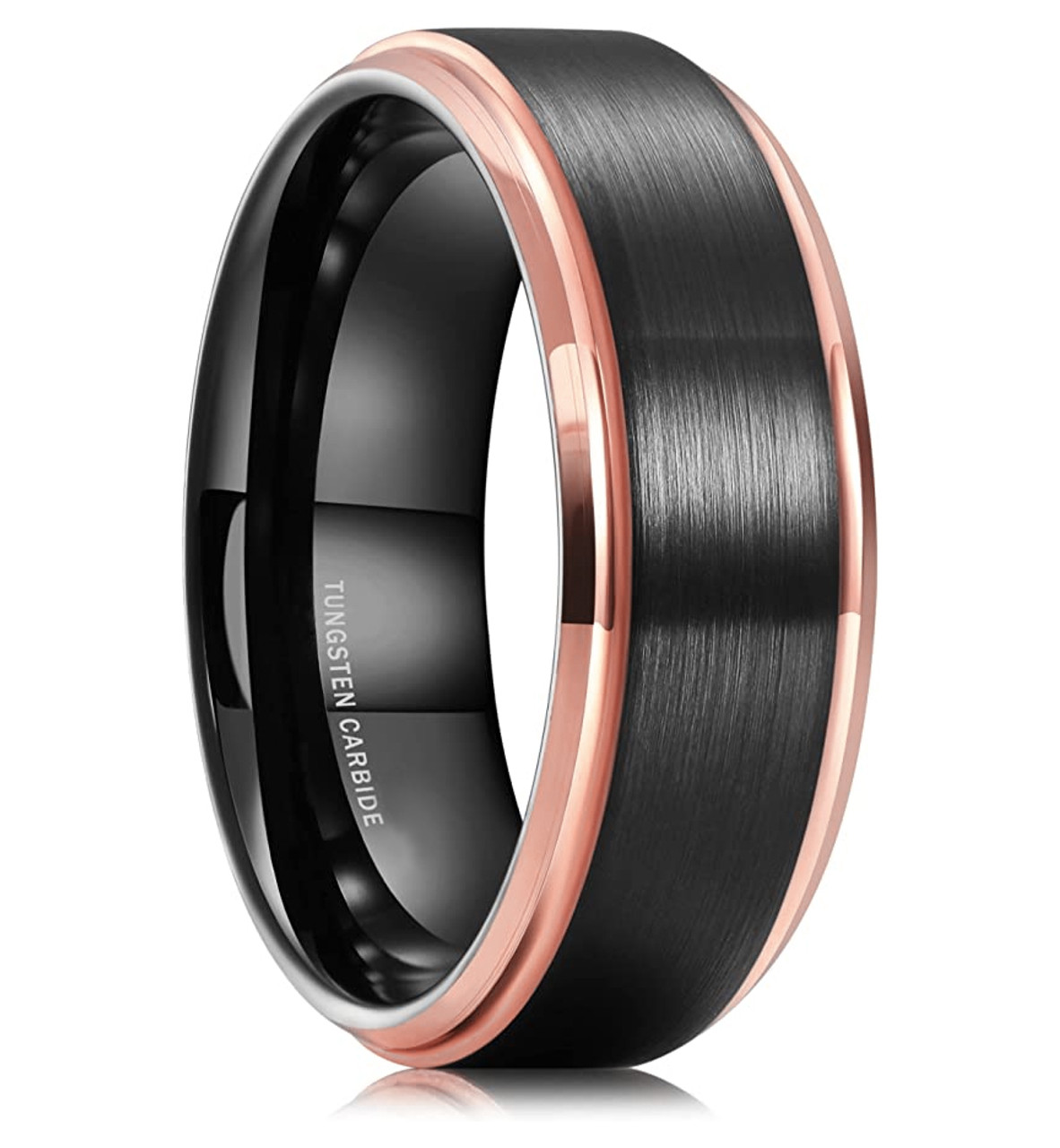 (8mm) Unisex or Men's Tungsten Carbide Wedding Ring Band. Black with Rose Gold Edge Stripes in High Polish. Comfort Fit.