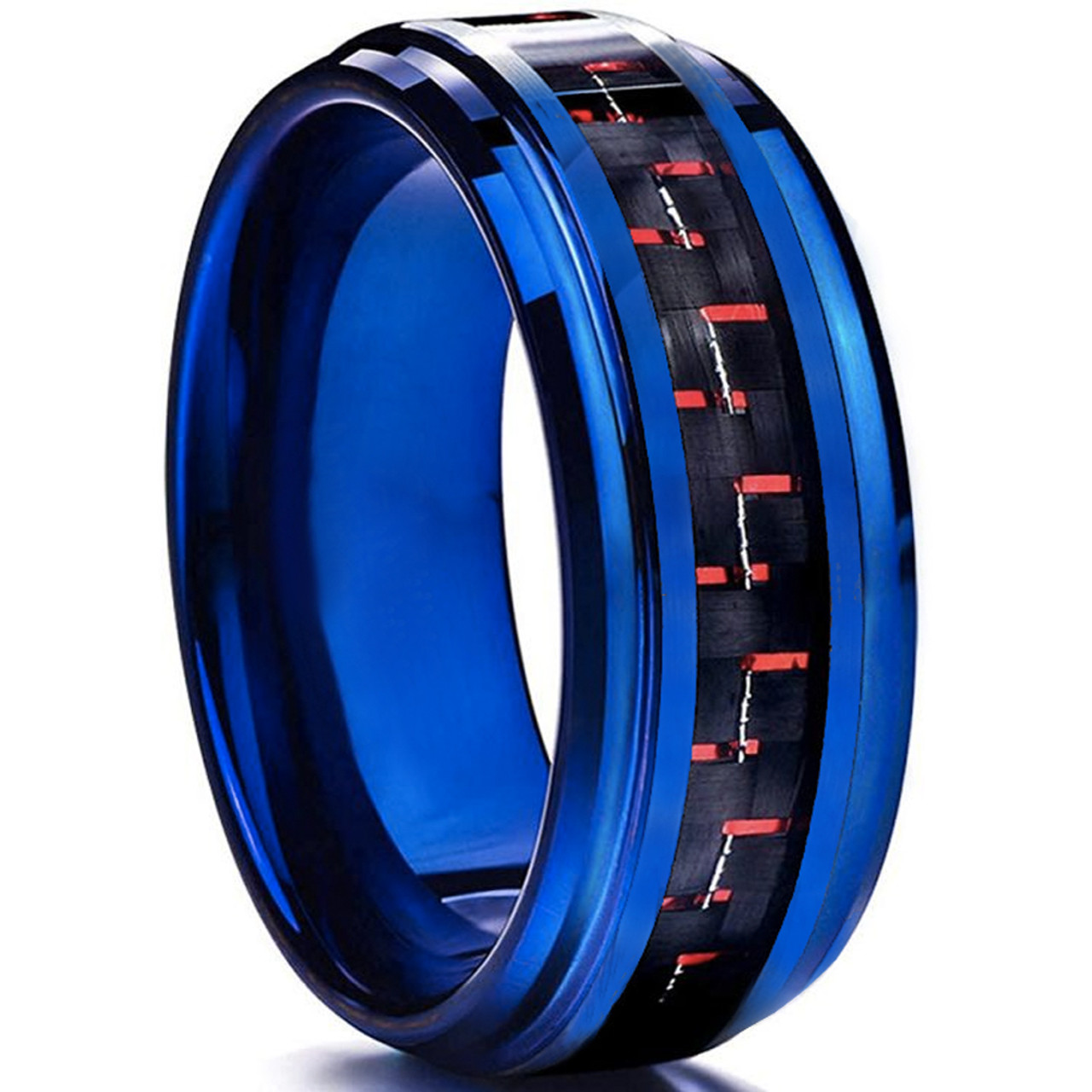 (8mm) Unisex or Men's Titanium Wedding Ring Band. Blue Band with Red and Black Carbon Fiber Inlay. Comfort Fit Ring.