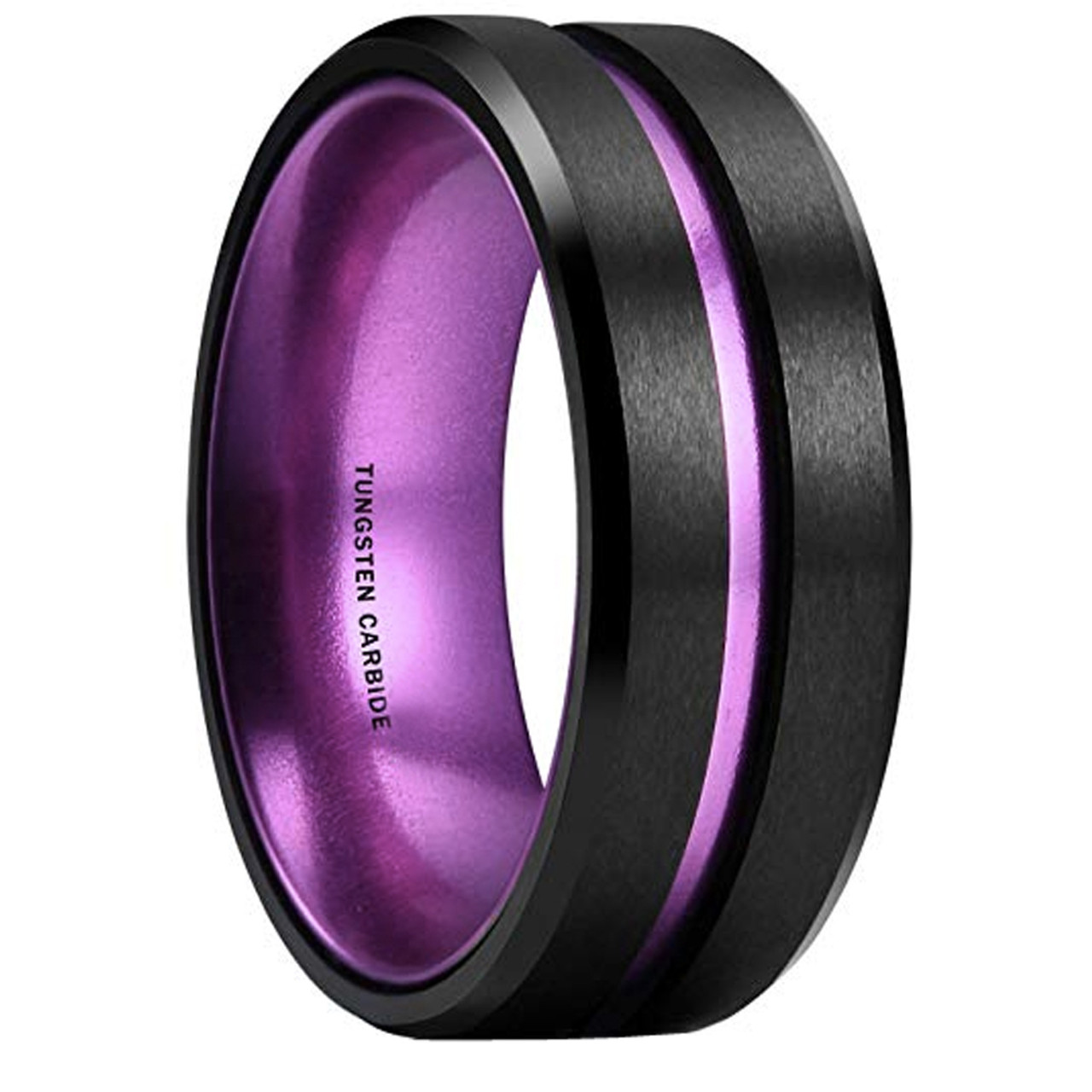 (8mm) Unisex or Men's Wedding Tungsten Carbide Wedding Ring Band. Black and Purple Groove. Matte Finish with Beveled Edges