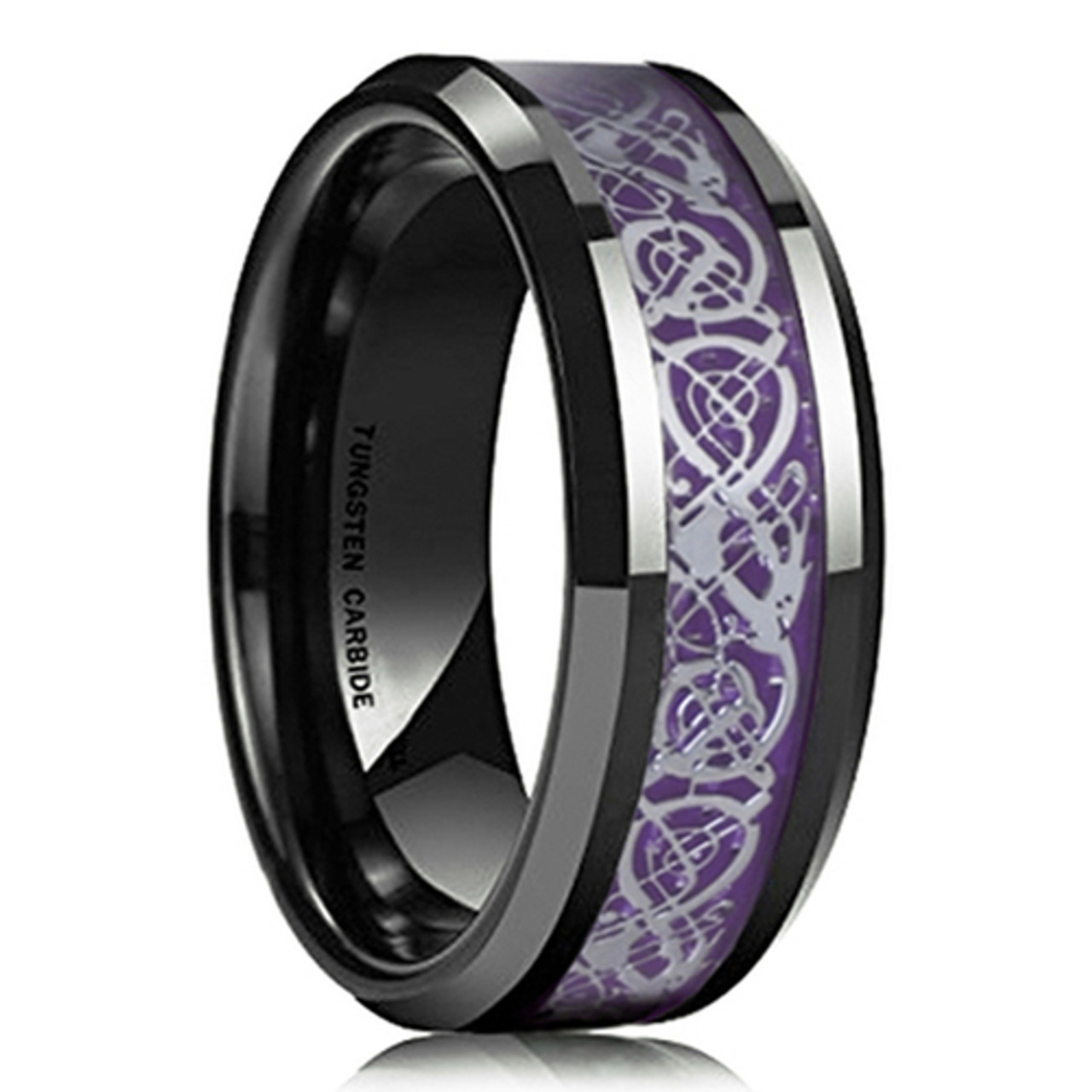 (8mm) Unisex or Men's Tungsten Carbide Wedding Ring Band. Black Ring with Inlay featuring Purple & Silver Celtic Knot Ring