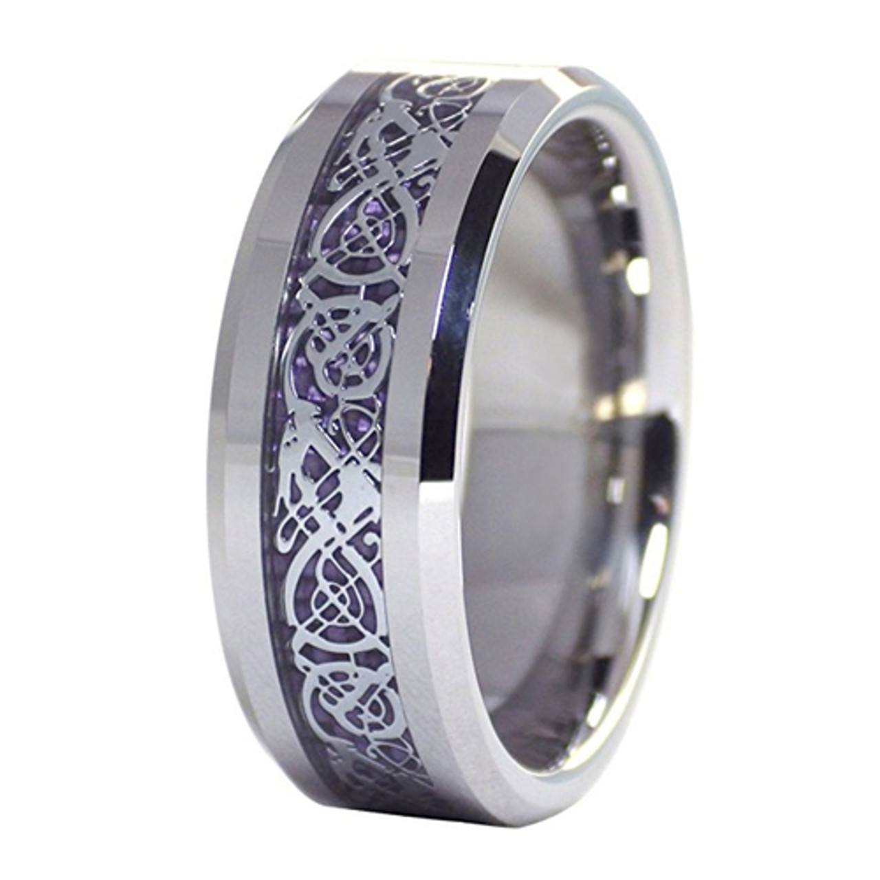 (8mm) Unisex or Men's Tungsten Carbide Wedding Ring Band. Silver Resin Inlay Purple Celtic Knot Ring.