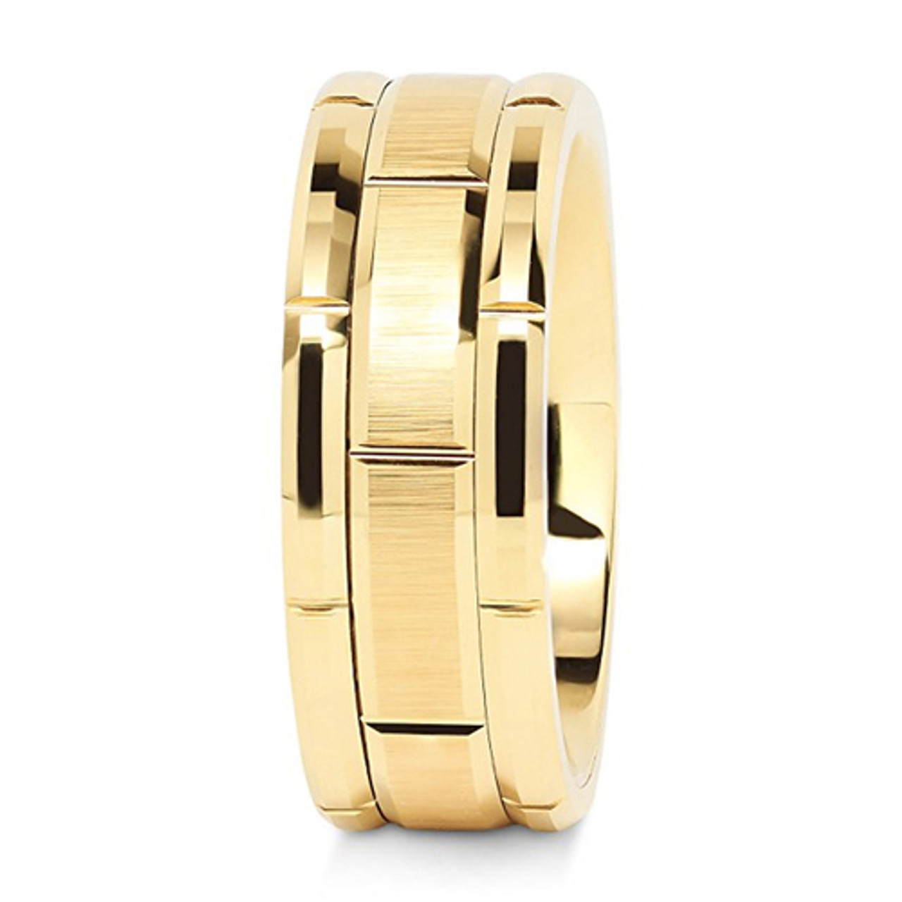 (8mm) Unisex or Men's Tungsten Carbide Wedding Ring Band. 14K Yellow Gold Brick Pattern Comfort Fit Grooved Ring.