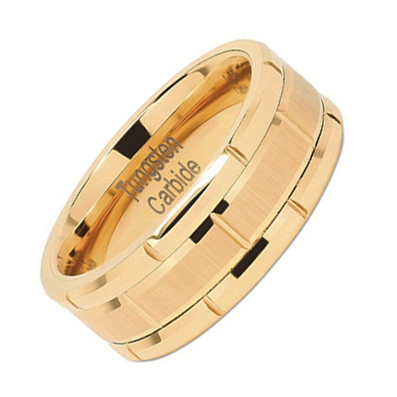 (8mm) Unisex or Men's Tungsten Carbide Wedding Ring Band. 14K Yellow Gold Brick Pattern Comfort Fit Grooved Ring.