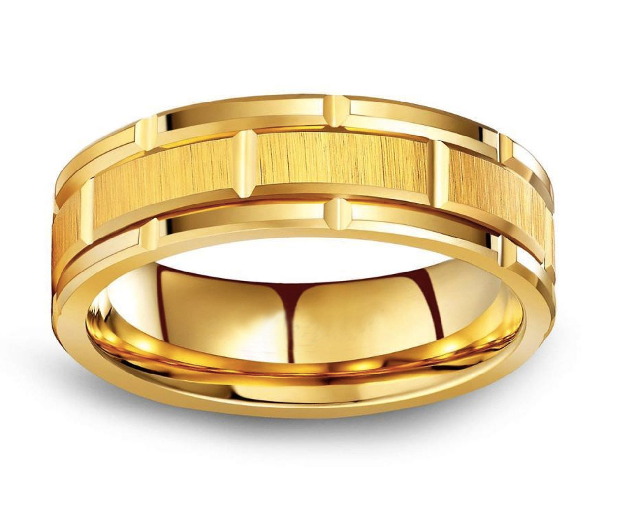(8mm) Unisex or Men's Tungsten Carbide Wedding Ring Band. 14K Yellow Gold Brick Pattern Comfort Fit Grooved Ring.