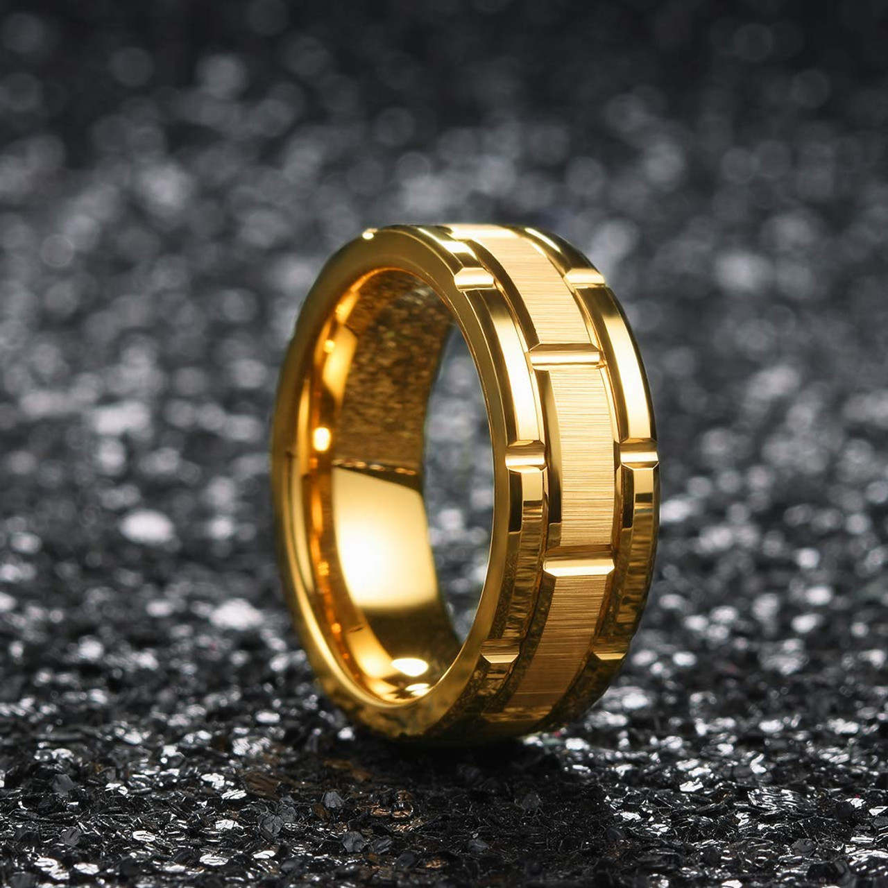 (8mm) Unisex or Men's Tungsten Carbide Wedding Ring Band. 14K Yellow Gold Brick Pattern Comfort Fit Grooved Ring.