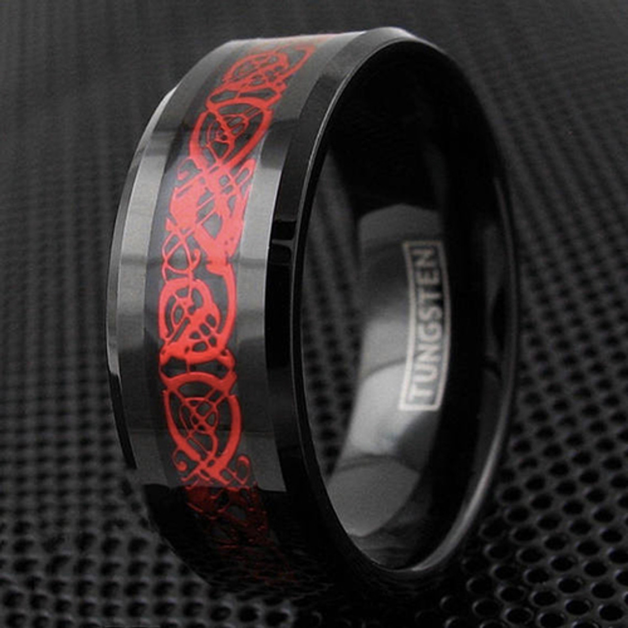 (8mm) Unisex or Men's Tungsten Carbide Wedding Ring Band. Black Resin Inlay All Red Celtic Knot Ring