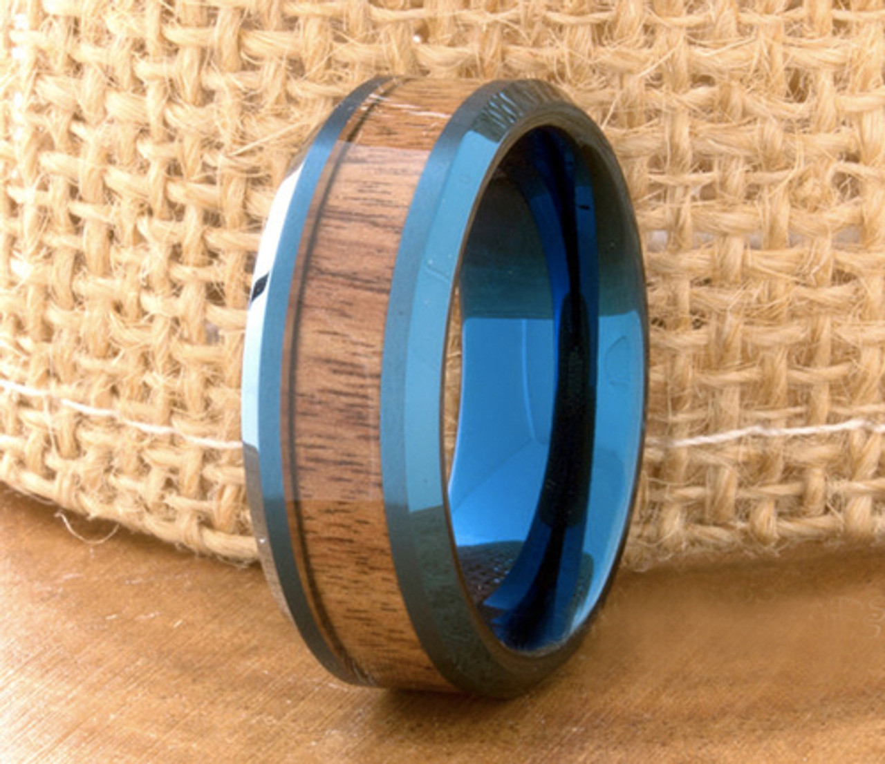 (8mm) Unisex or Men's Tungsten Carbide Wedding Ring Bands. Blue Band with Dark Wood Inlay. High Polish Ring with Beveled Edges.
