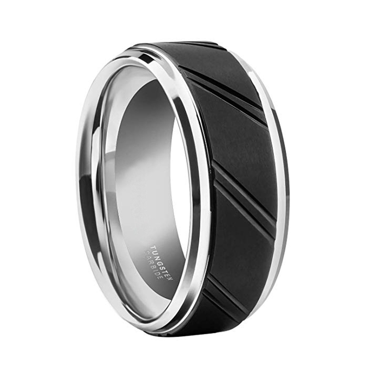 (8mm) Unisex or Men's Tungsten Carbide Wedding Ring Band. Silver and Black Duo Tone Diagonal Groove Tread Top Ring.