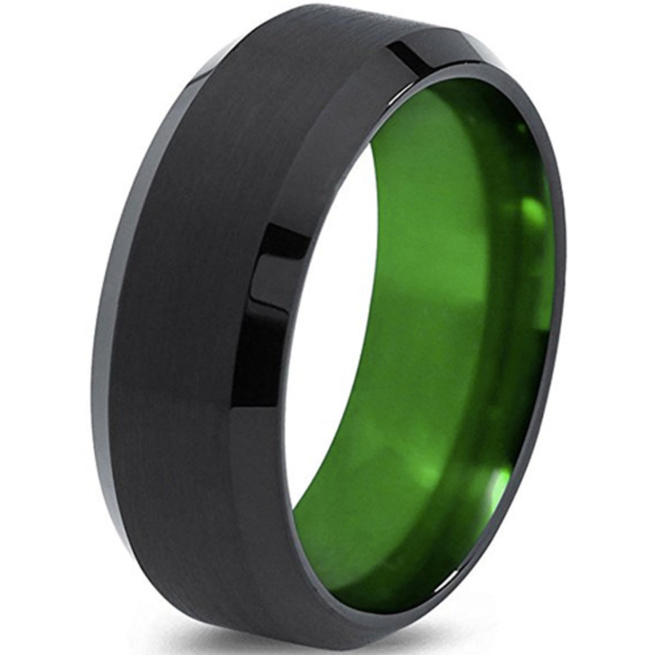 (8mm) Unisex or Men's Tungsten Carbide Wedding Ring Band. Black Matte Top and Green Polished Inside with Beveled Edges.