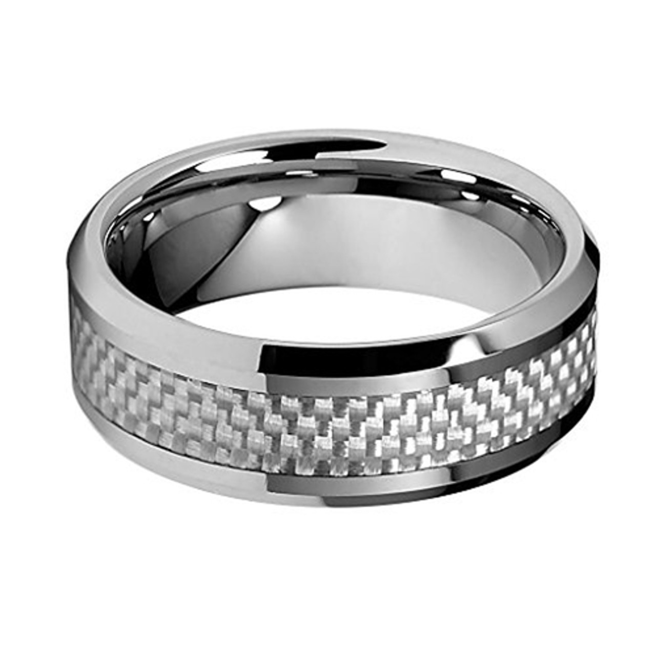 (8mm) Unisex or Men's Tungsten Carbide Wedding Ring Band. Silver Tone with White Carbon Fiber Inlay Design and Beveled Edges.