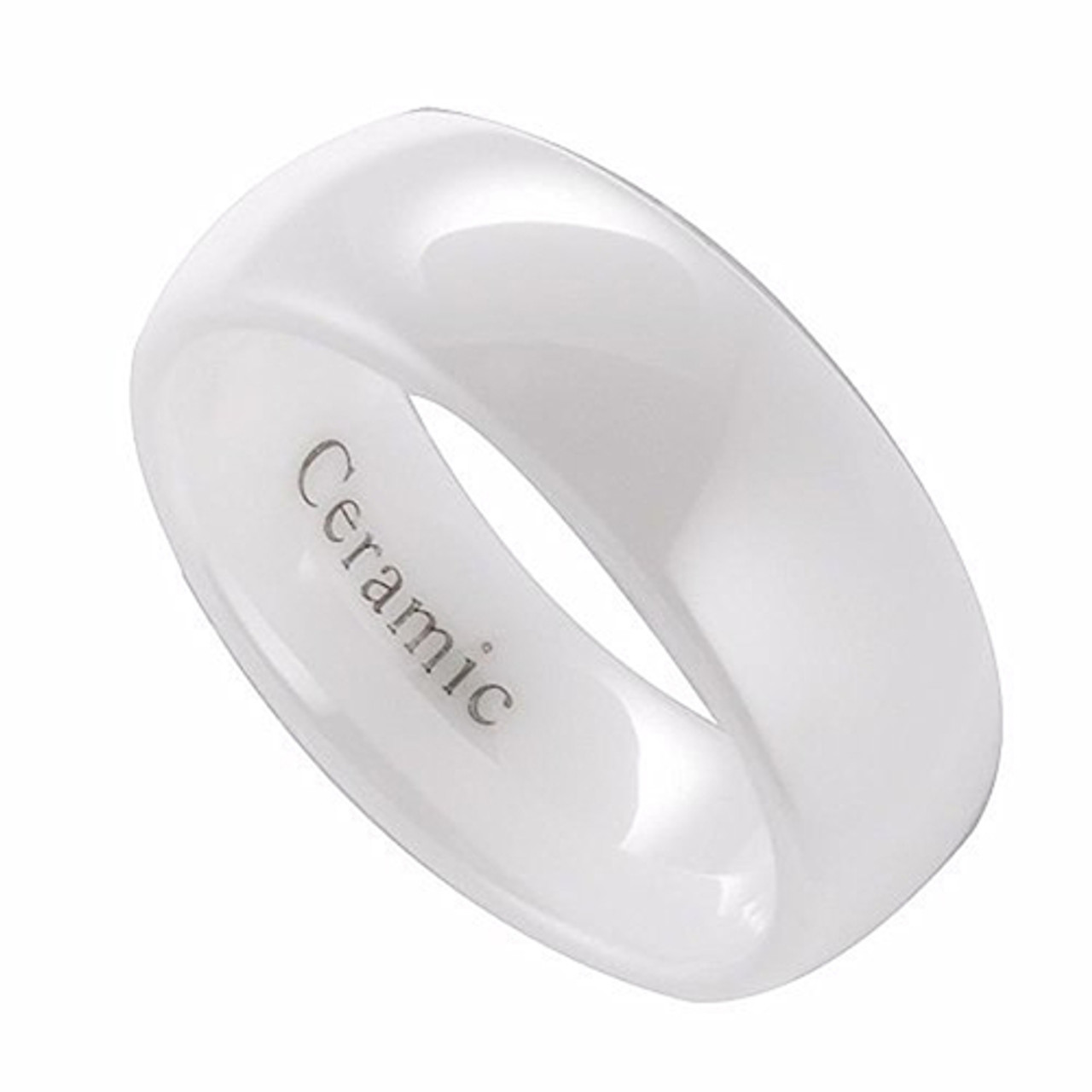 (8mm) Unisex or Men's Ceramic Wedding Ring Bands White. High Polish Domed Top Ring.