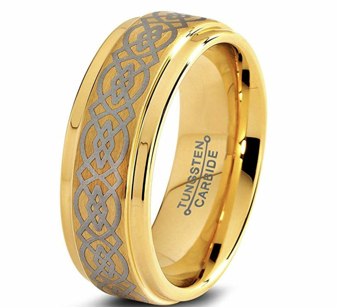(8mm) Unisex or Men's Tungsten Carbide Wedding Ring Band. Laser Etched Gold Celtic Knot Ring with Beveled Edges.