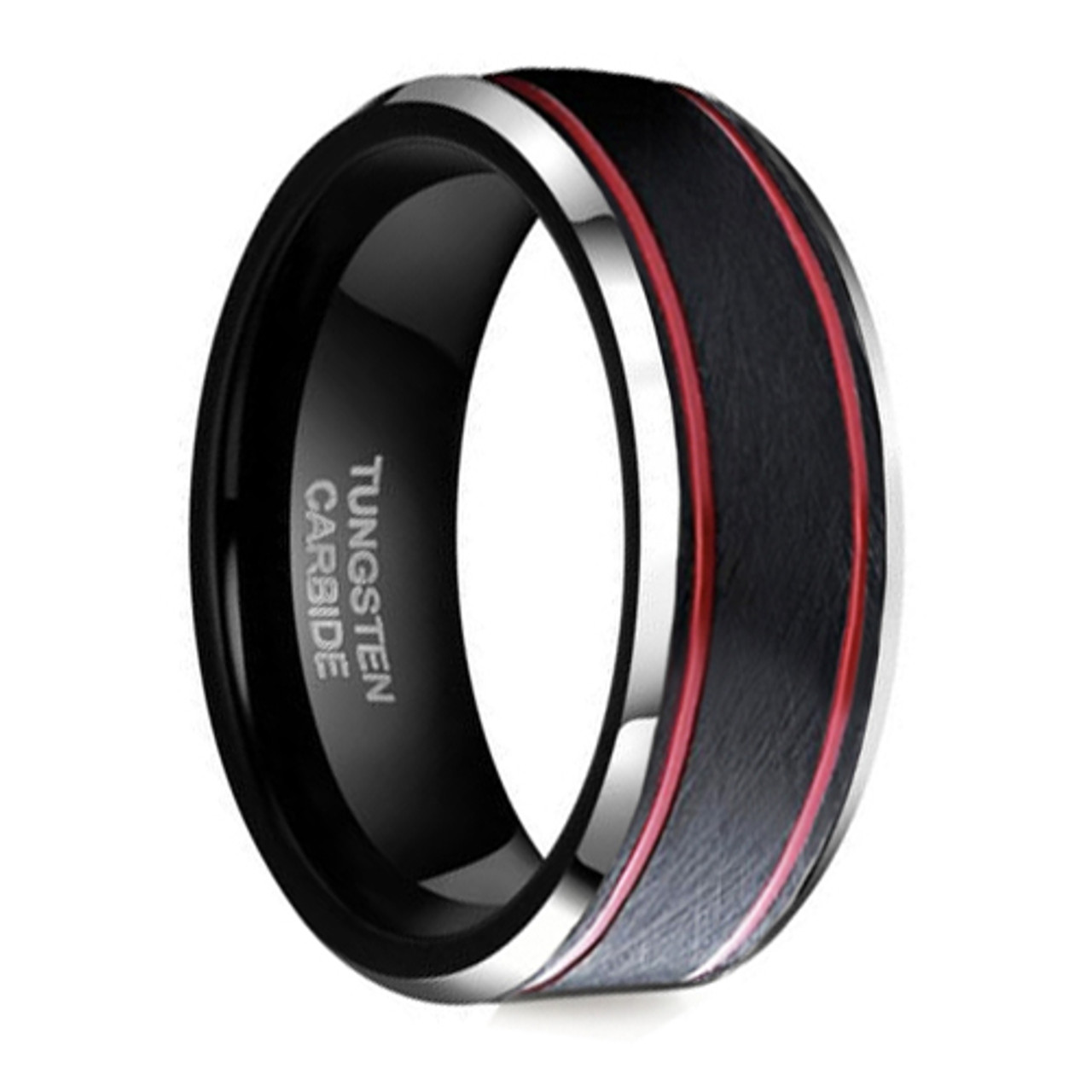 (8mm) Unisex or Men's Tungsten Carbide Wedding Ring Band. Black Matte Top with Two Red Stripes and Beveled Edges.