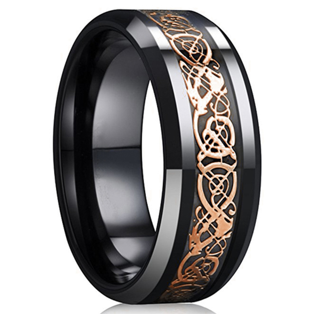 (8mm) Unisex or Men's Ceramic Wedding Ring Band. Celtic Knot Ring with Rose Gold and Black Resin Inlay.