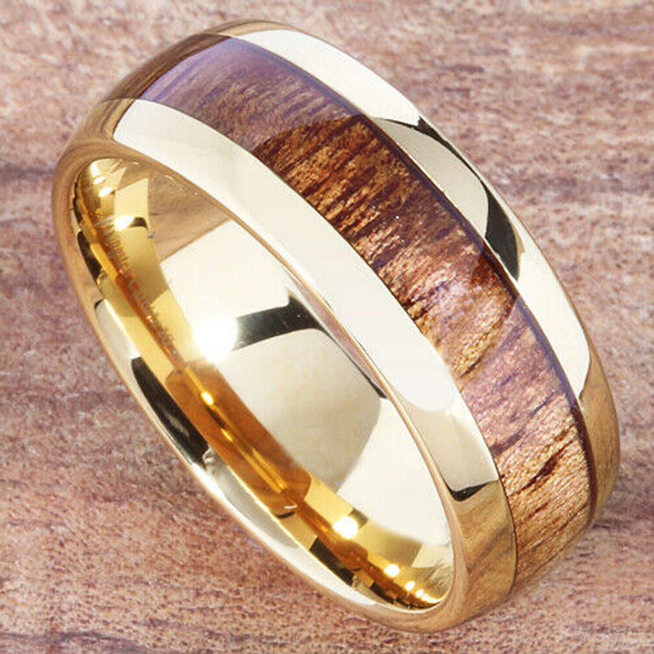 (8mm) Unisex or Men's Tungsten Carbide Wedding Ring Bands. 14K Yellow Gold Band with Wood Inlay. High Polish Domed Top Ring.