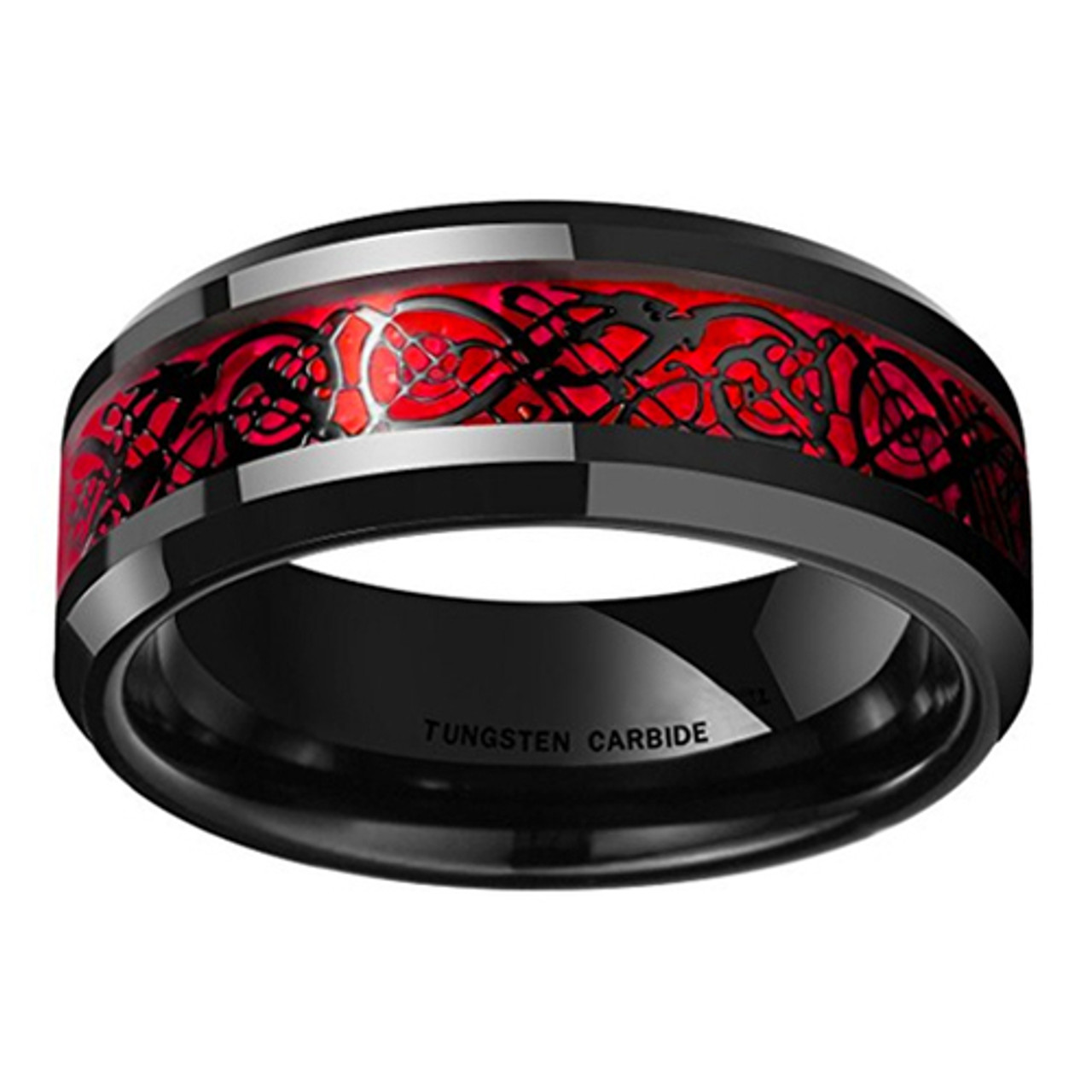 (8mm) Unisex or Men's Celtic Knot Black with Red Resin Inlay Tungsten Carbide Wedding Ring Band.