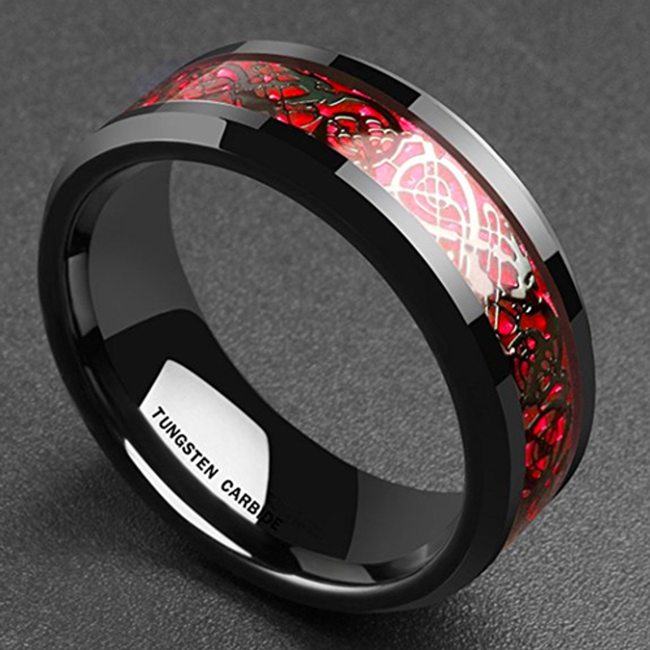 (8mm) Unisex or Men's Celtic Knot Black with Red Resin Inlay Tungsten Carbide Wedding Ring Band.