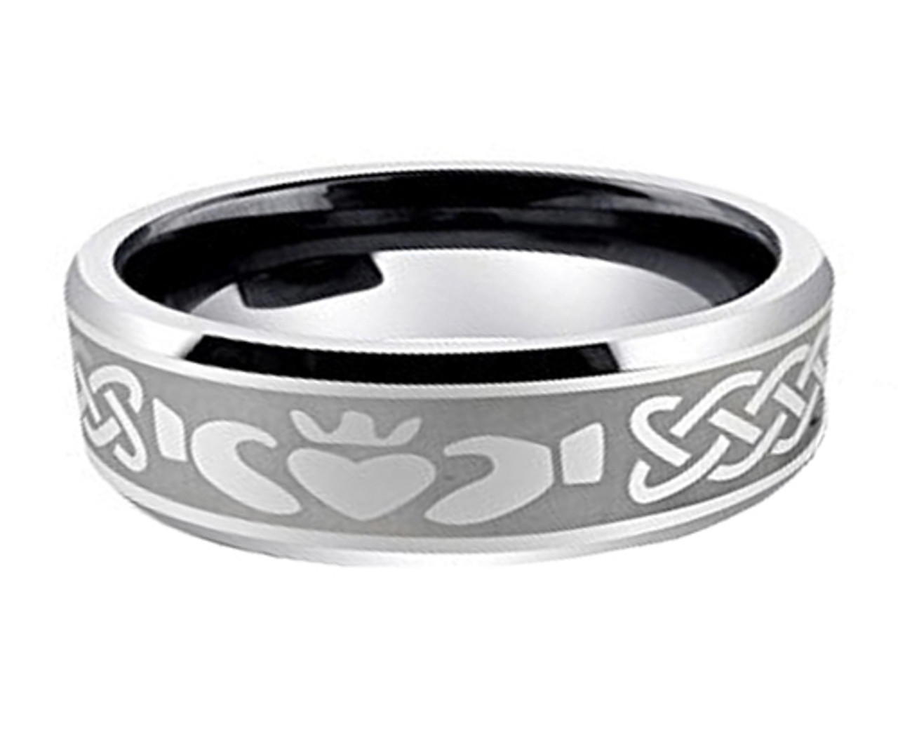 (6mm) Unisex or Men's or Women's Irish Claddagh Tungsten Carbide Wedding Ring Band. Silver Celtic Knot Wedding Ring with Laser Etched Heart in Hands.