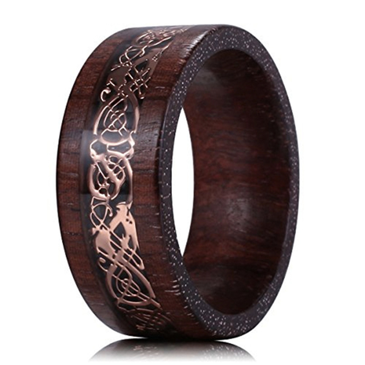 (8mm) Unisex or Men's Sandalwood Wedding Ring Band. Wooden Celtic Knot Ring with Rose Gold Resin Inlay.