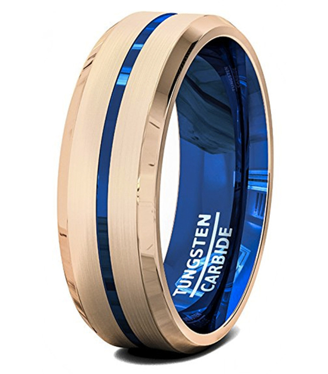 (8mm) Unisex or Men's Tungsten Carbide Wedding Ring Band. Matte Finish Rose Gold Band with Blue Line Groove. High Polish Inside Blue Tone.
