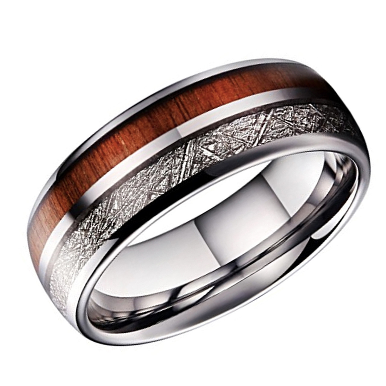 (8mm) Unisex, Women's or Men's Tungsten Carbide Wedding ring band. Domed Tungsten carbide Ring with Brown Wood and Inspired Meteorite Inlay Ring