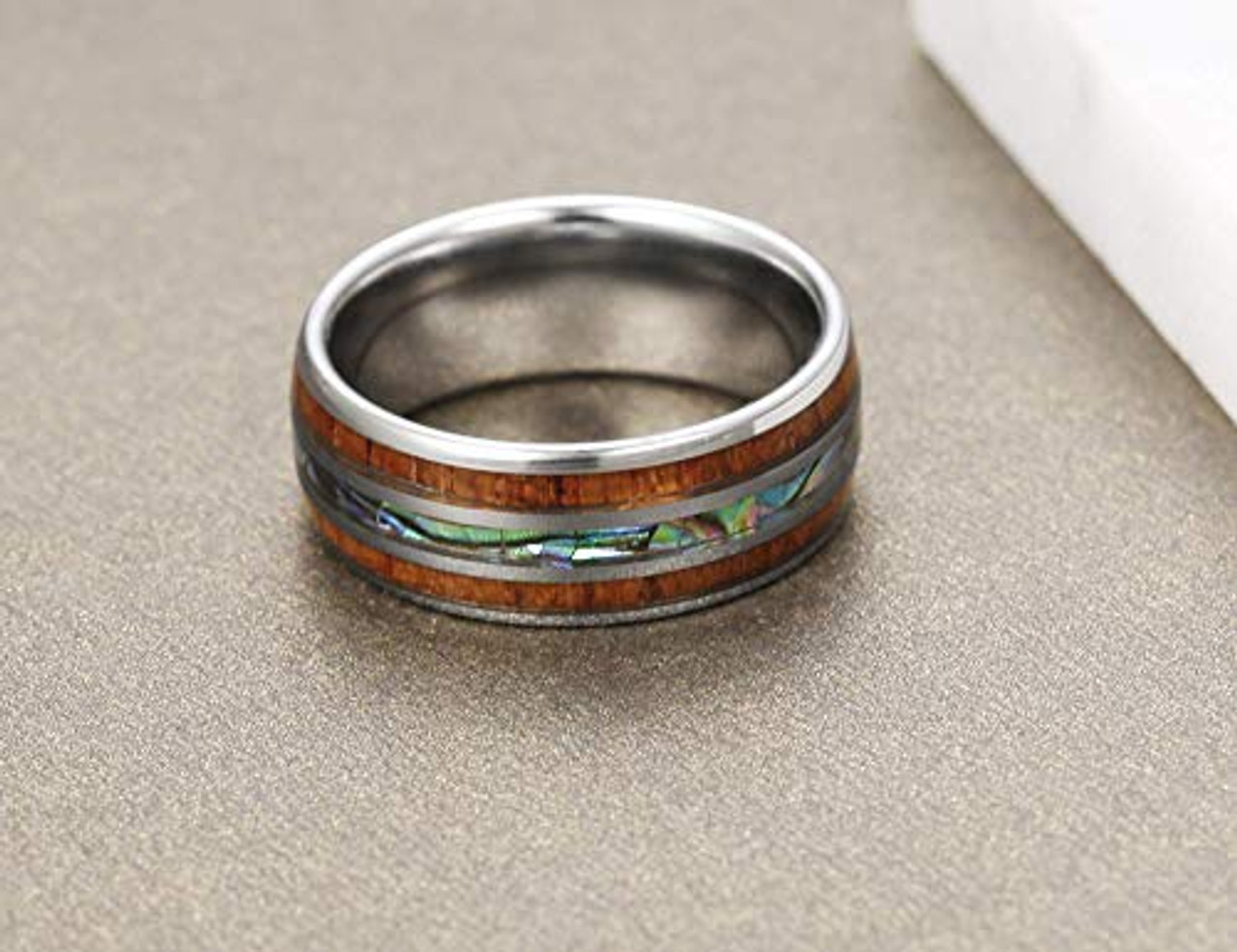 (8mm) Unisex or Men's Tungsten Carbide Wedding ring band - Silver Tone Wood and Rainbow Abalone Shell Inlay Ring. 