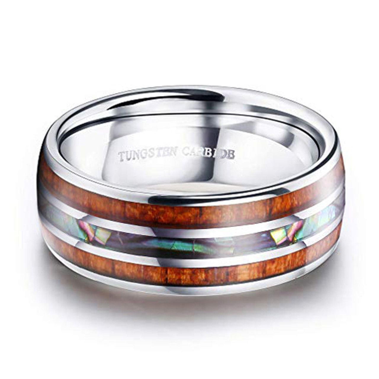 (8mm) Unisex or Men's Tungsten Carbide Wedding ring band - Silver Tone Wood and Rainbow Abalone Shell Inlay Ring. 