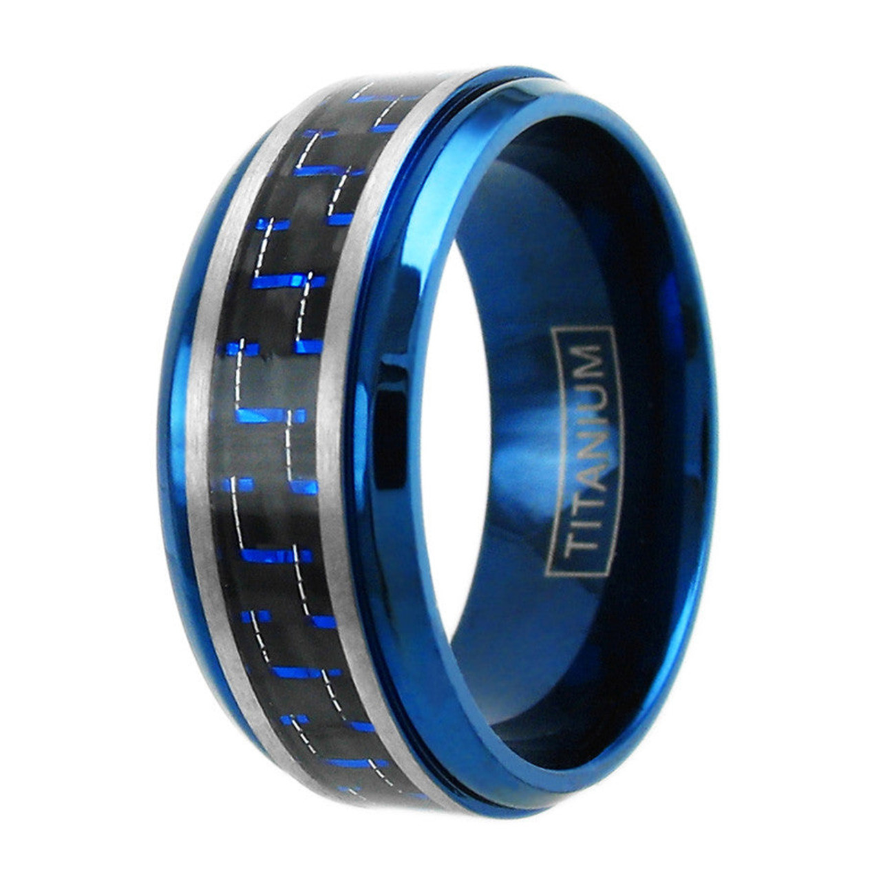 (8mm) Unisex or Men's Titanium Wedding Ring Bands. Blue Tone Band with Duo Tone Blue and Black Carbon Fiber Inlay. Comfort Fit Ring.