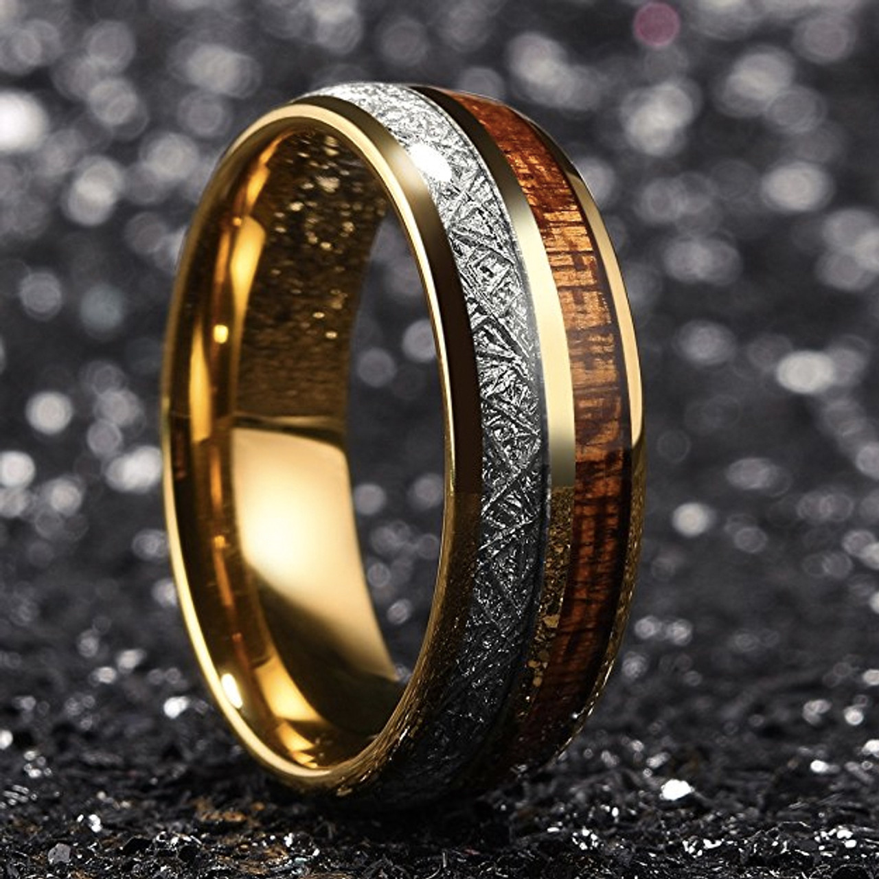 (8mm) Unisex, Women's or Men's Tungsten Carbide Wedding ring band. Domed Gold Band with Wood and Inspired Meteorite Inlay Ring