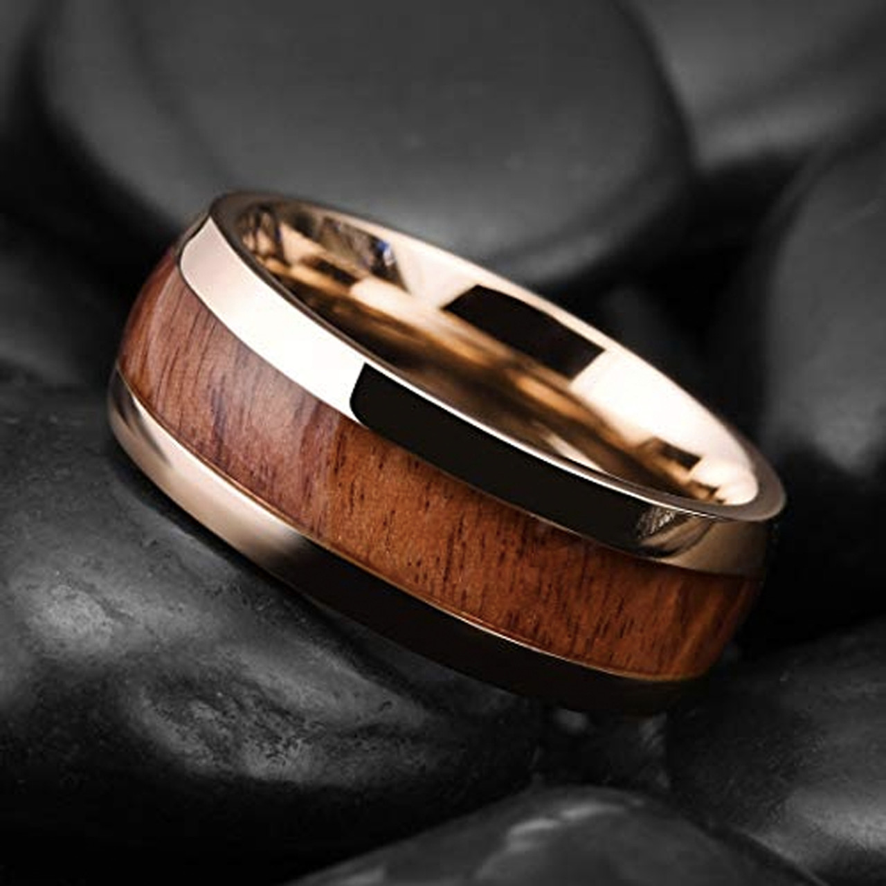 (8mm) Unisex or Men's Wood Inlay and Rose Gold Tone Titanium Steel Ring Band with High Polish Domed Top