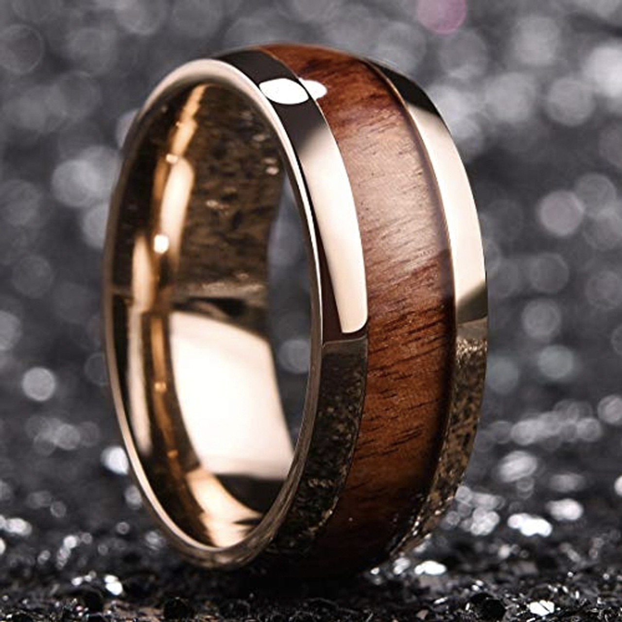 (8mm) Unisex or Men's Wood Inlay and Rose Gold Tone Titanium Steel Ring Band with High Polish Domed Top